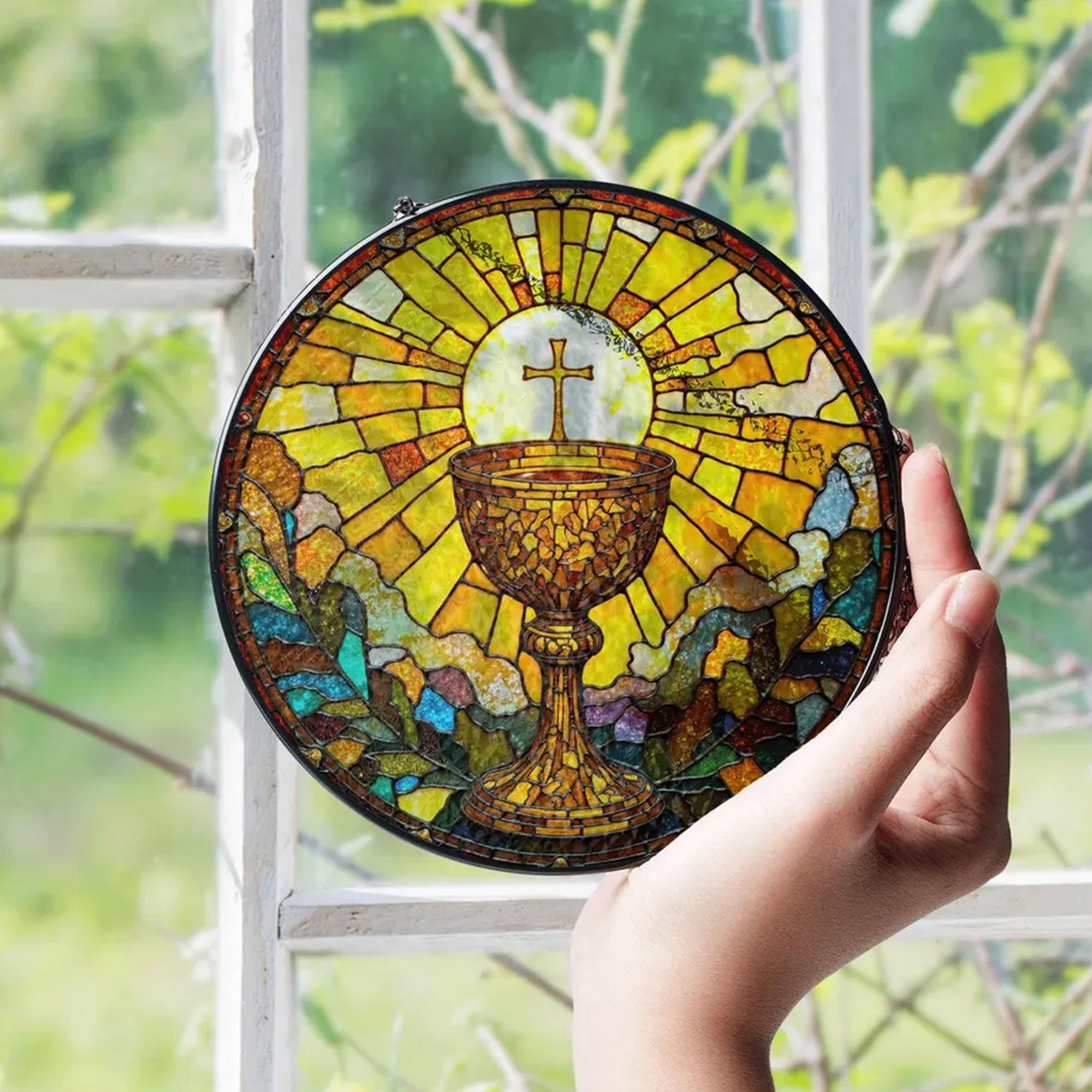 Holy Eucharist Chalice Stained Glass Suncatcher, Catholic Window Hanging Decor, First Communion Religious Gift