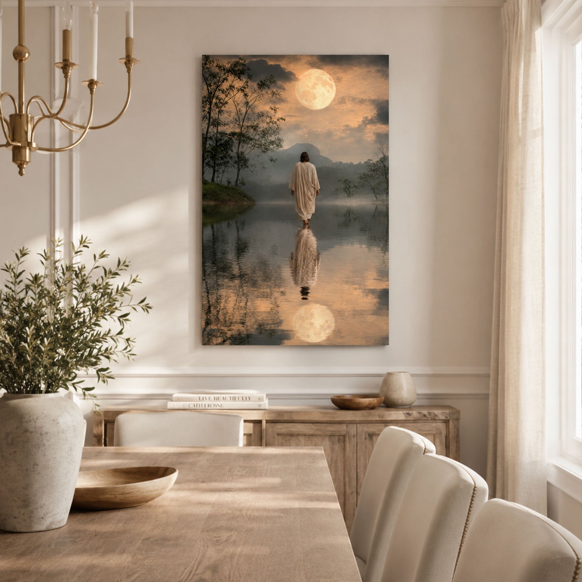 Jesus Walking on Water Under the Moon Canvas Print, Peaceful Christian Faith Decor