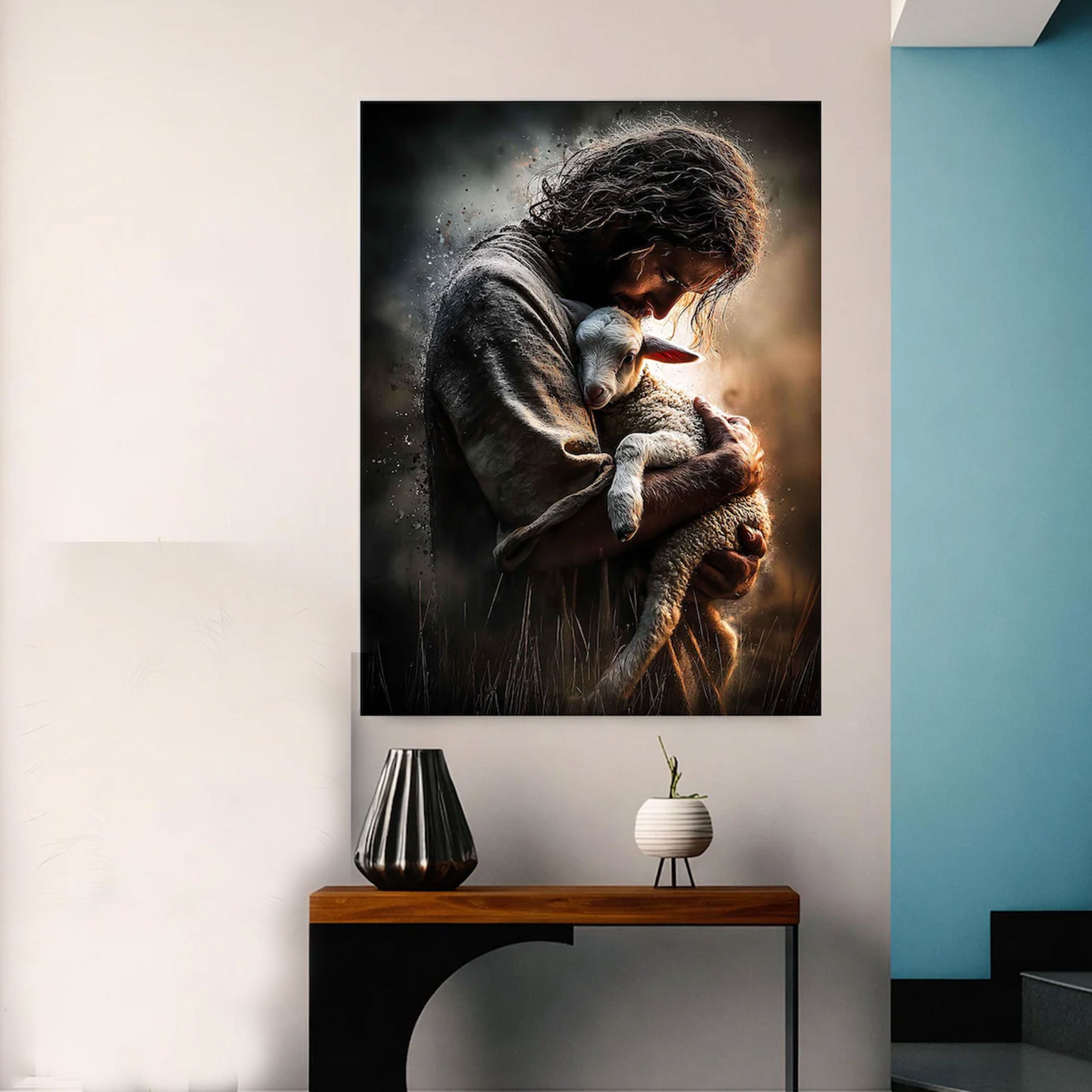 Jesus Holding Lamb Canvas Print, Good Shepherd Christian Wall Art, Religious Home Decor
