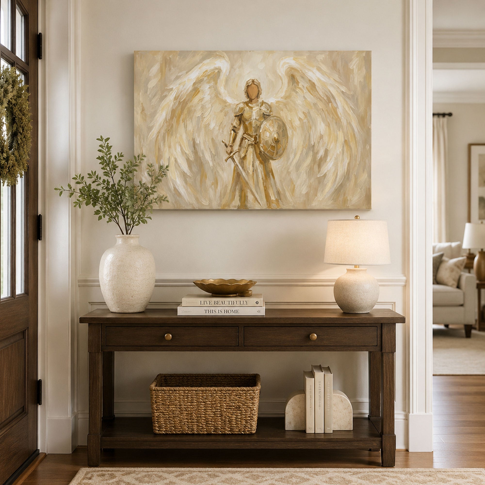 Saint Michael Angel Warrior Canvas Print, White and Gold Catholic Wall Decor