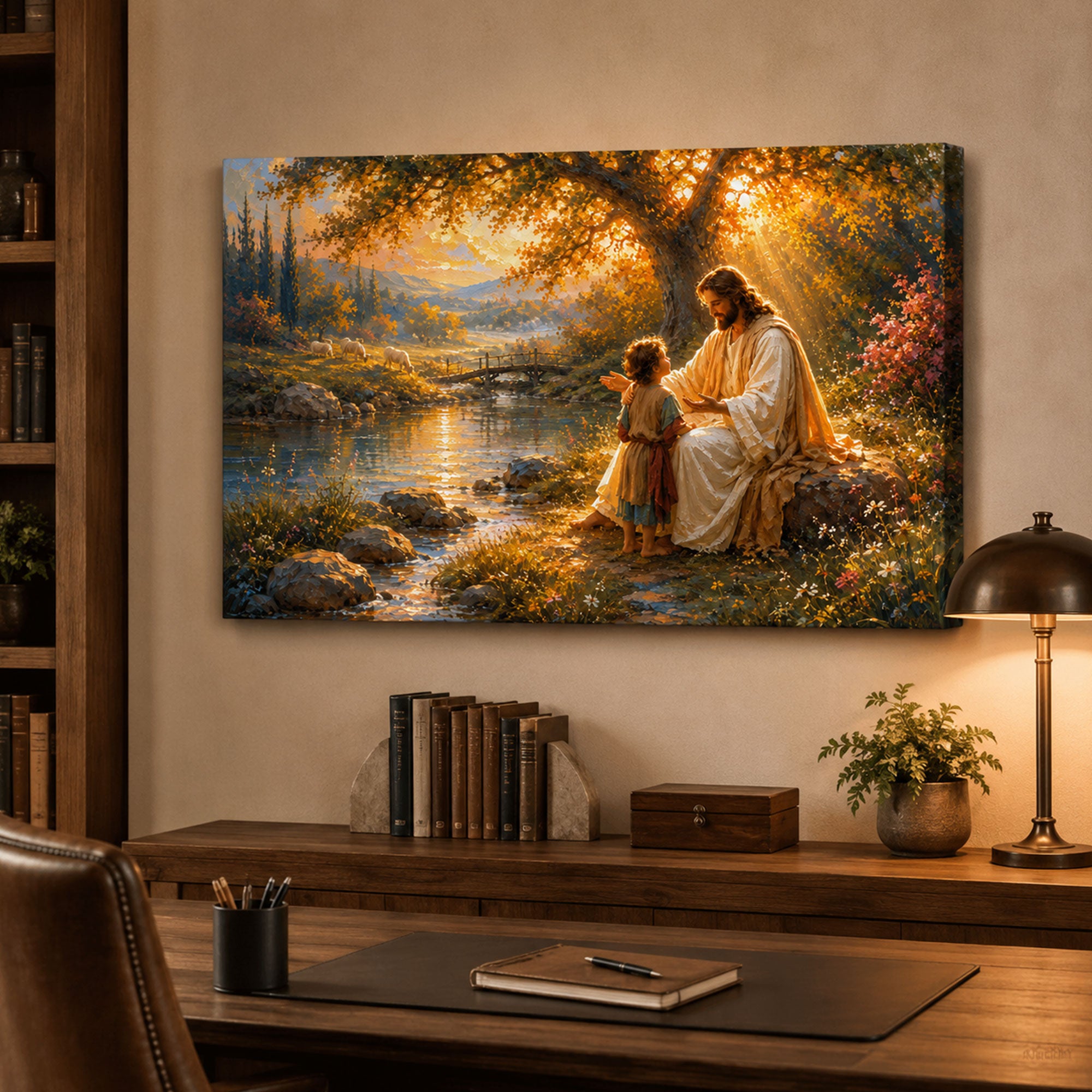 Jesus with Child by the River Canvas Print, Peaceful Christian Wall Art, Family Faith Home Decor