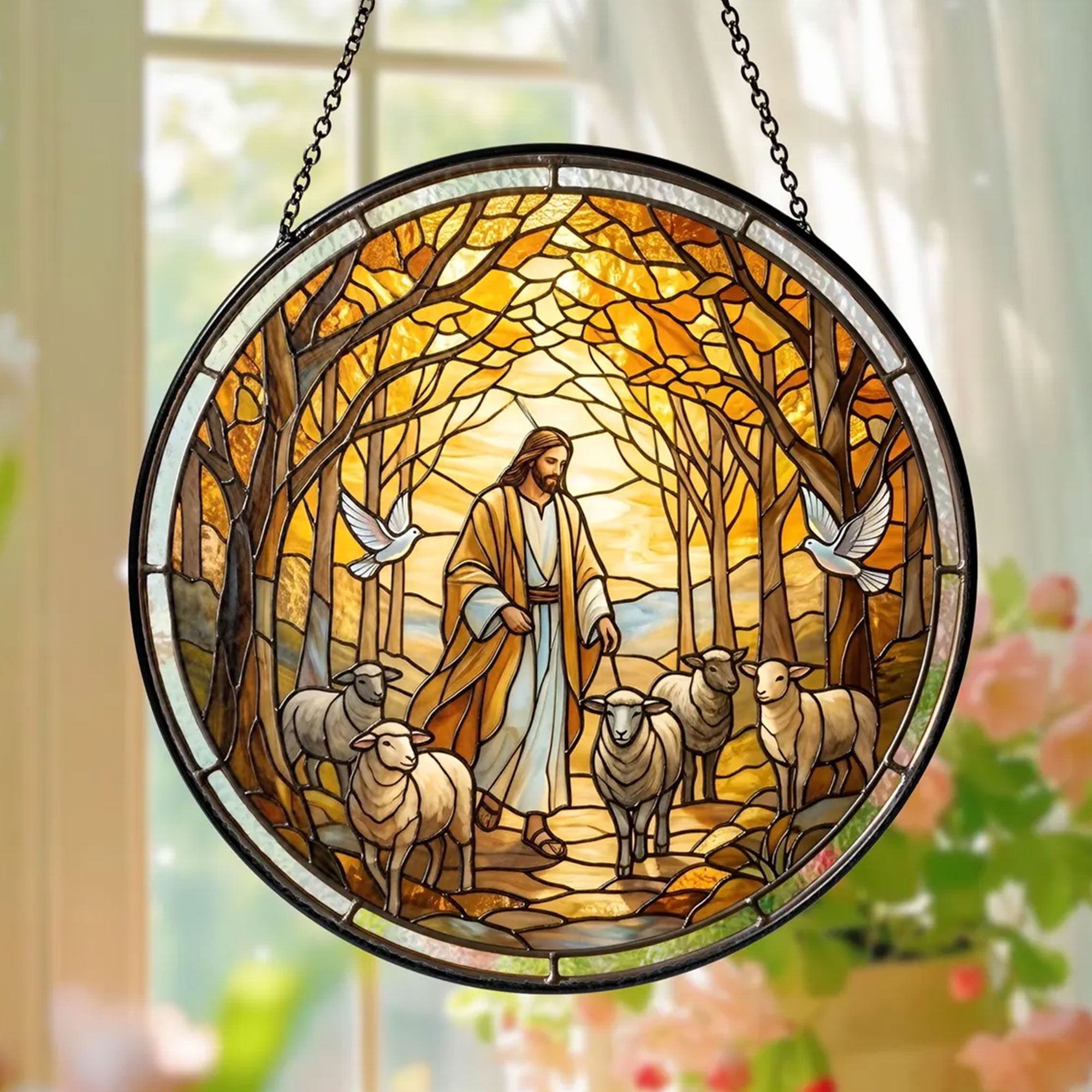 Jesus Good Shepherd Stained Glass Suncatcher, Christian Window Hanging Decor, Religious Faith Gift, Christ Wall Art