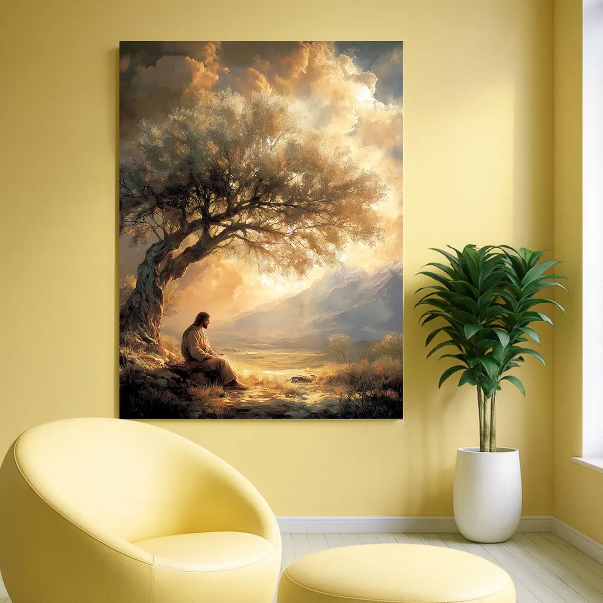 Jesus Praying Under Tree Canvas Wall Art, Christian Faith Landscape, Religious Home Decor