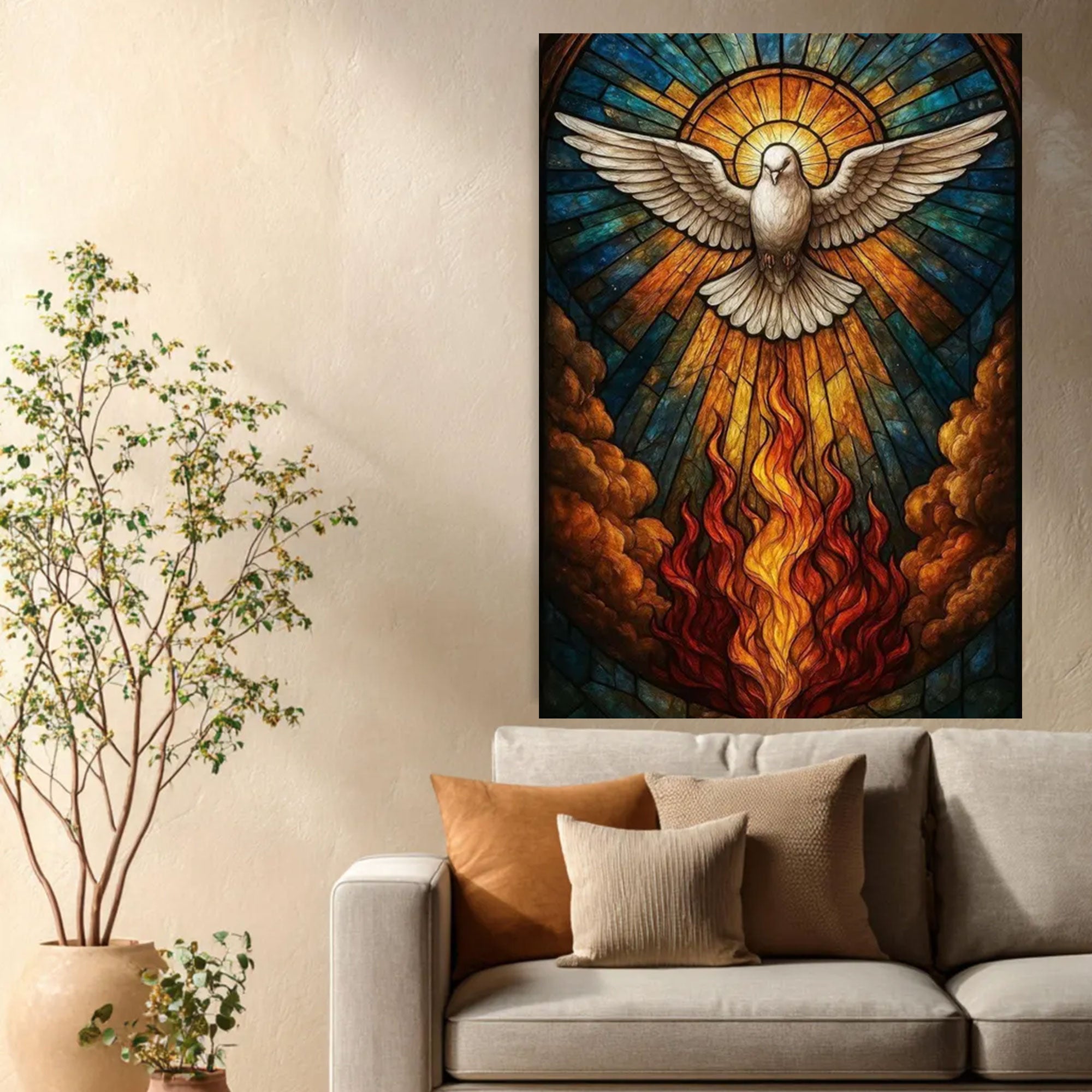 Spiritual Dove Canvas Wall Art, Stained Glass Style Holy Fire and Divine Light, Inspirational Christian Faith Home Decor