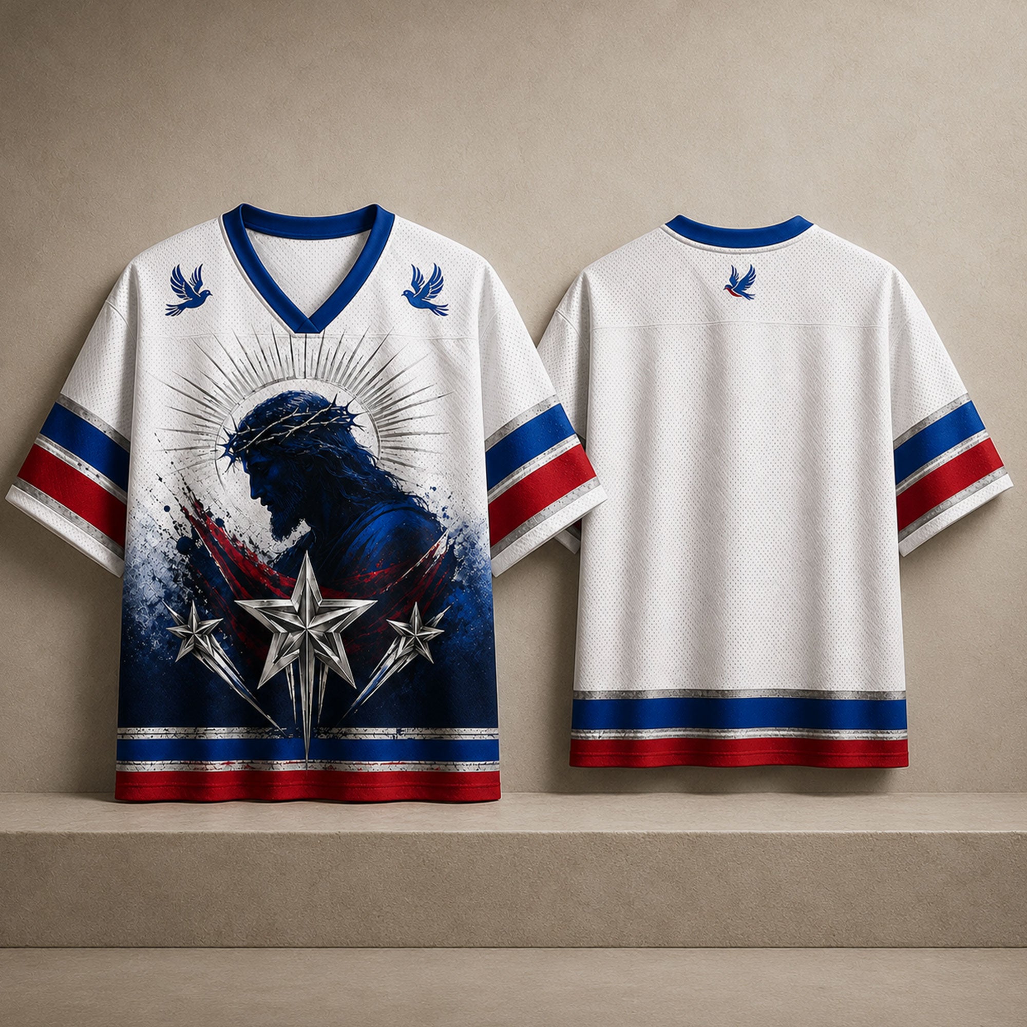 Jesus Crown of Thorns Christian Mesh Jersey, Red White and Blue Star Faith Shirt, Dove Religious Apparel