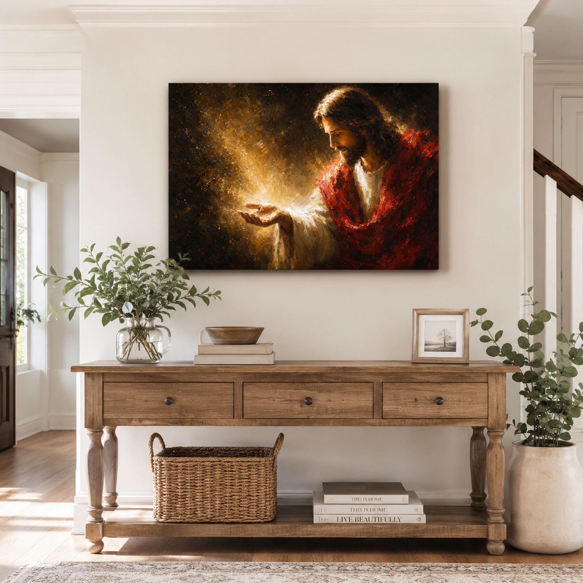 Jesus Holding the Light Canvas Print, Warm Christian Faith Decor