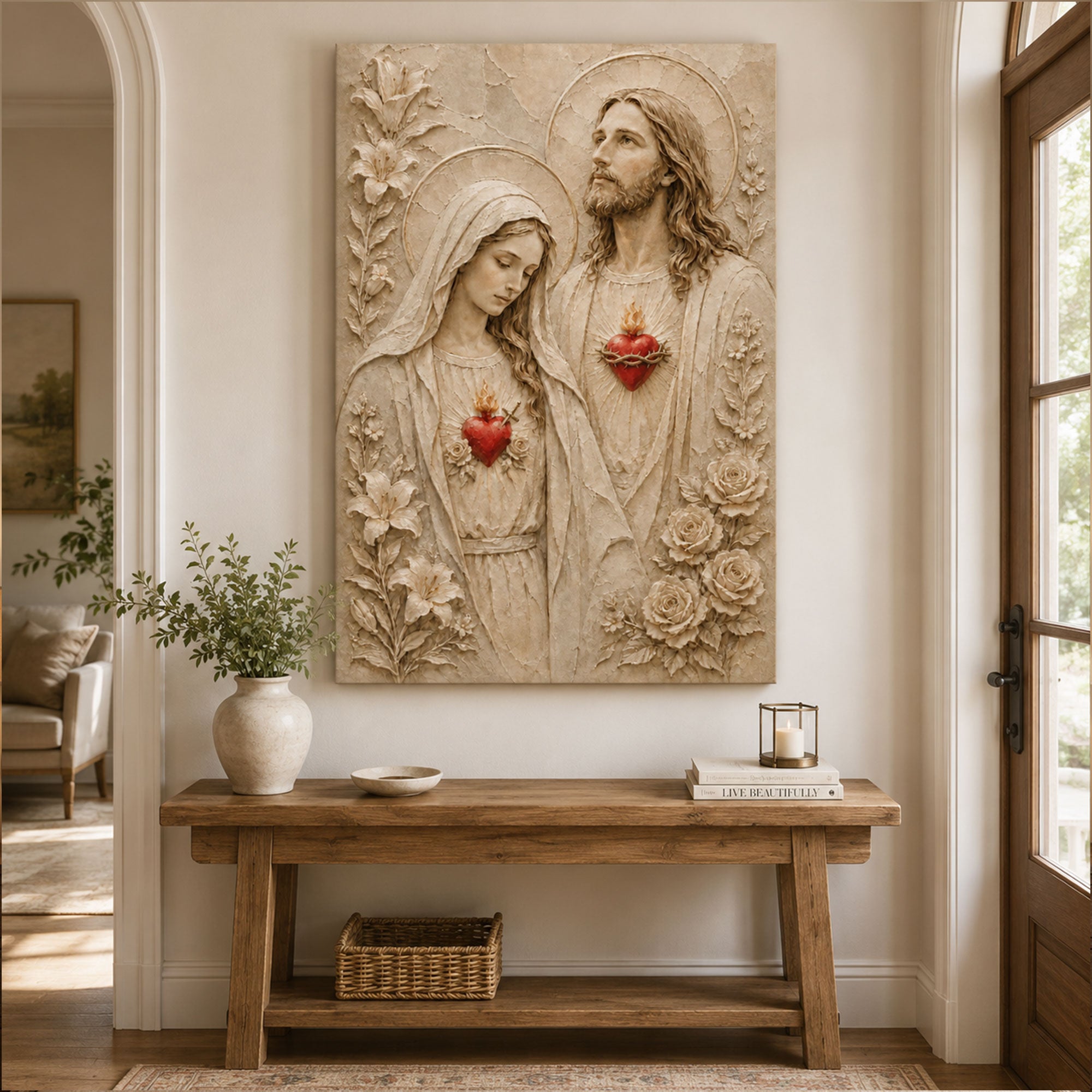 Sacred Heart of Jesus and Immaculate Heart of Mary Canvas Print, Catholic Wall Art, Christian Religious Home Decor