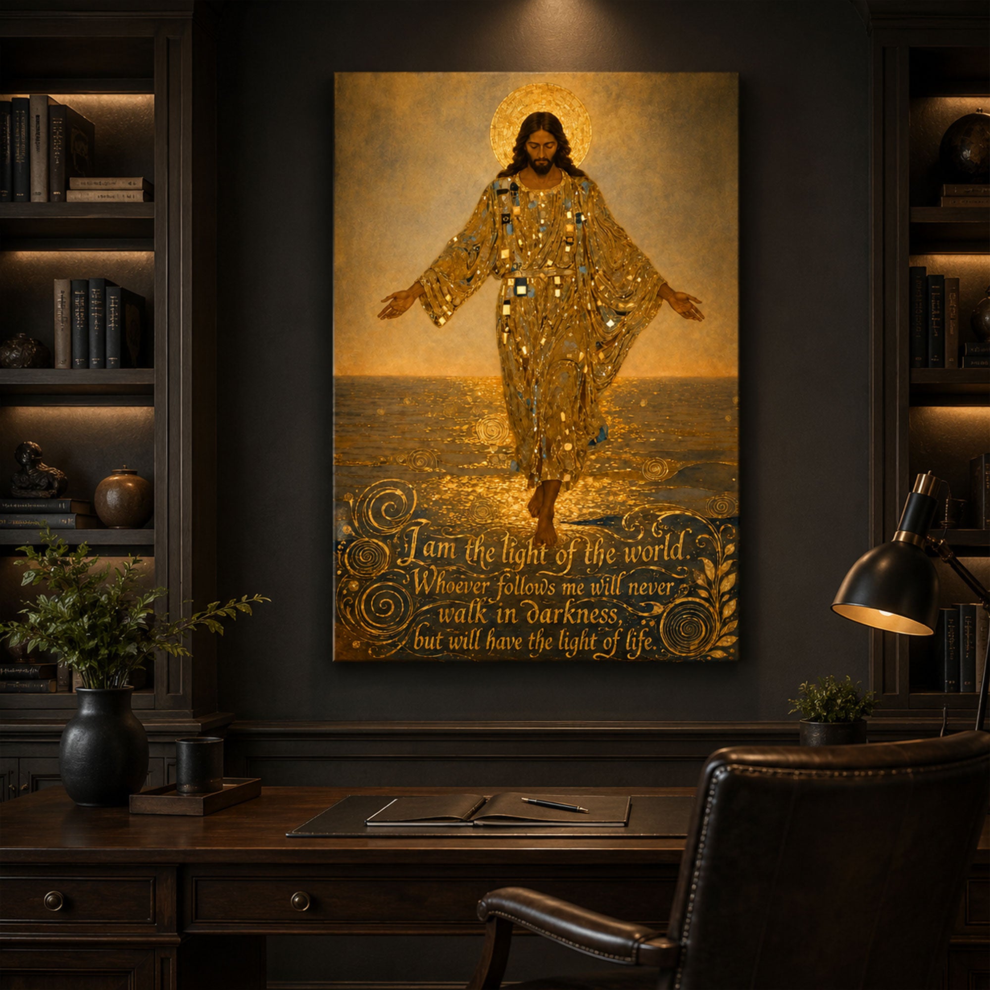 I Am the Light of the World Canvas Print, Golden Jesus Christian Wall Art, Inspirational Bible Verse Faith Decor