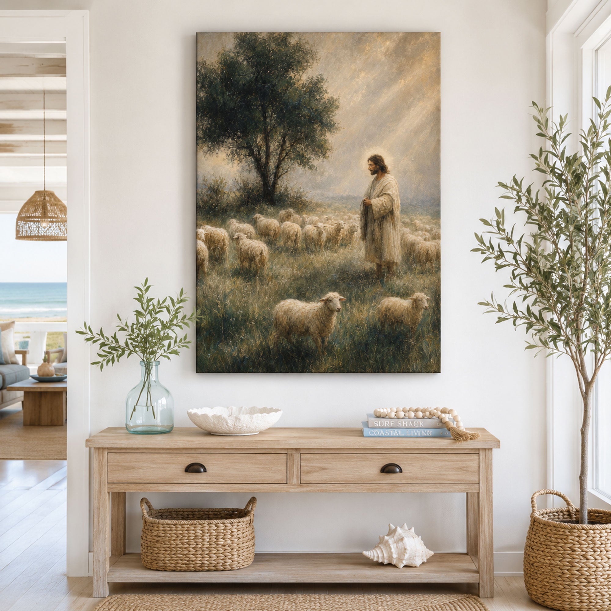 Good Shepherd Canvas Print, Jesus with Sheep Christian Wall Art, Faith Home Decor Gift