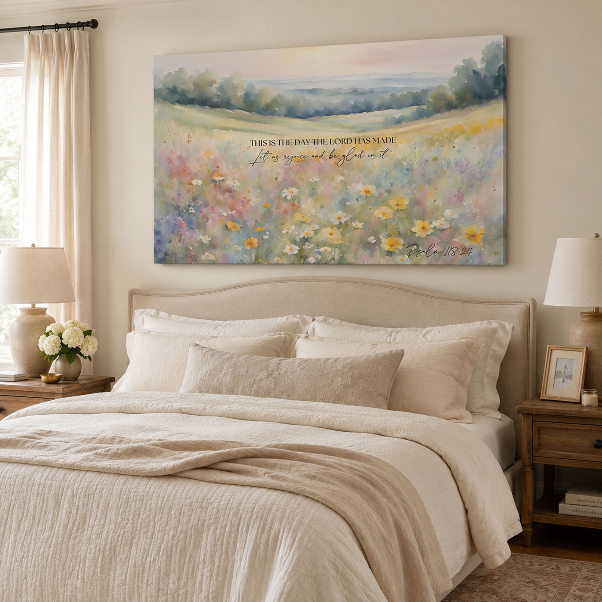 Psalm 118:24 This Is the Day the Lord Has Made Canvas Print, Countryside Floral Christian Wall Art, New Home Gift Decor