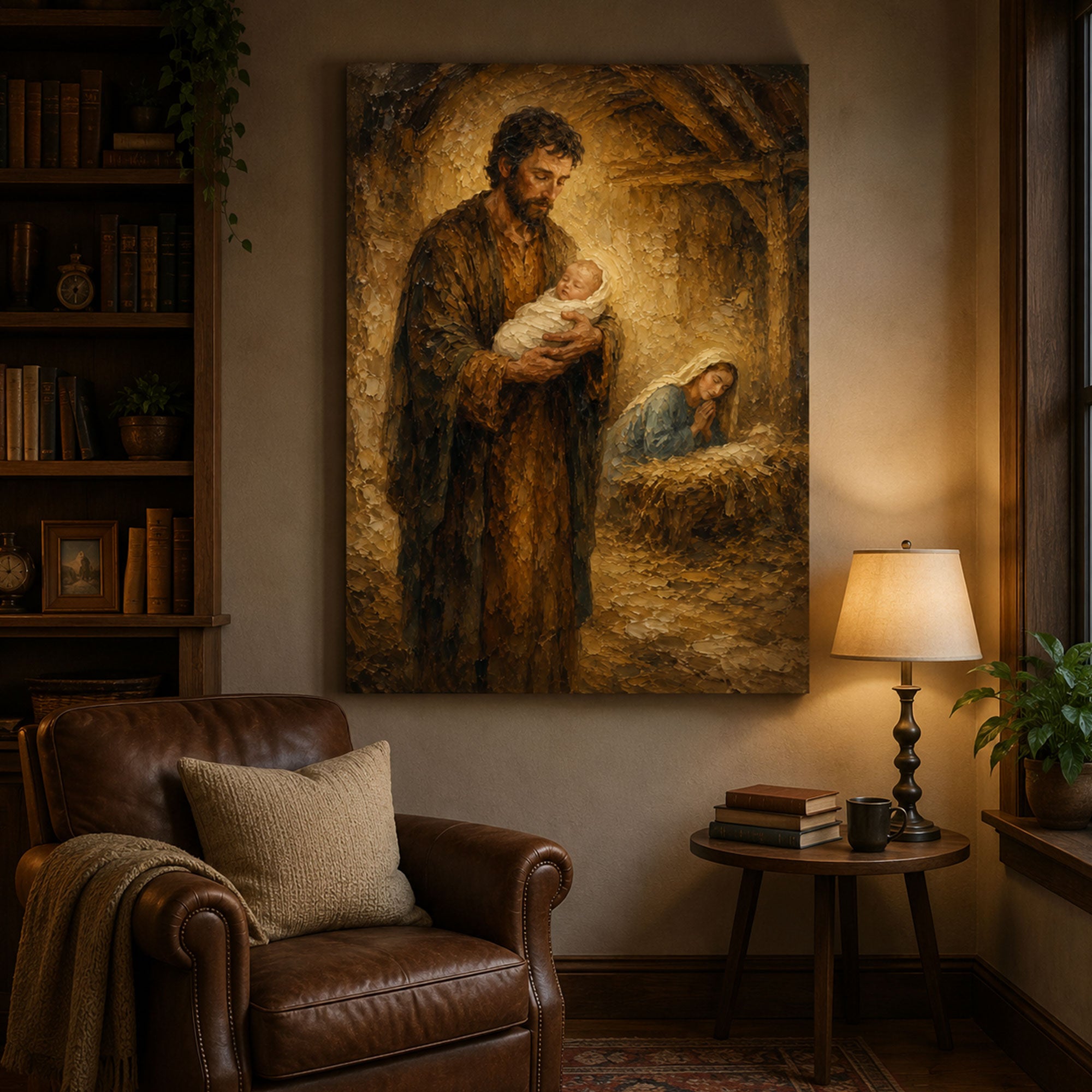 Holy Family Nativity Canvas Print, St. Joseph Holding Baby Jesus, Christmas Catholic Wall Art, Christian Home Decor