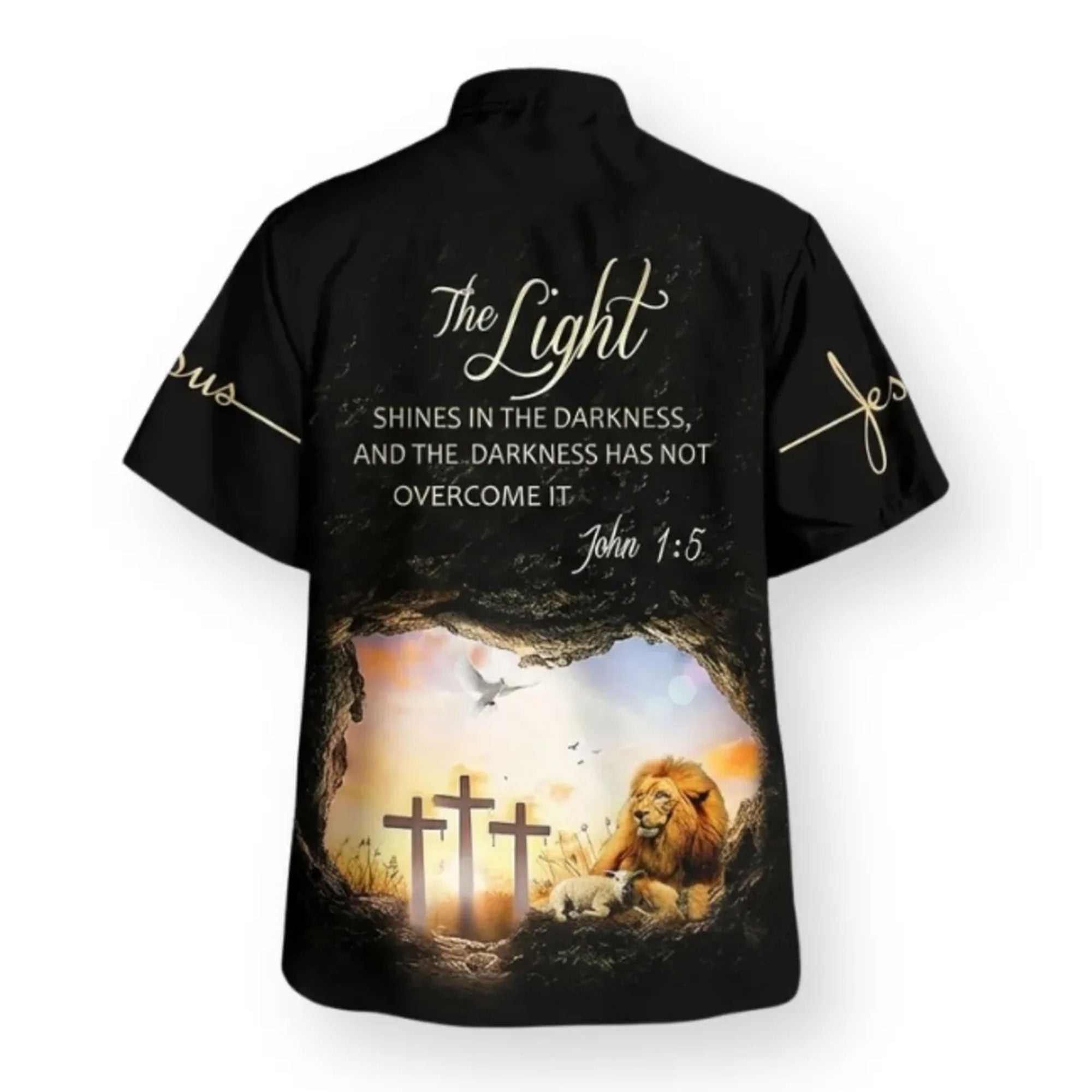 Christian Lion Cross Hawaiian Shirt, John 1:5 Bible Verse Aloha Shirt, Faith Summer Shirt