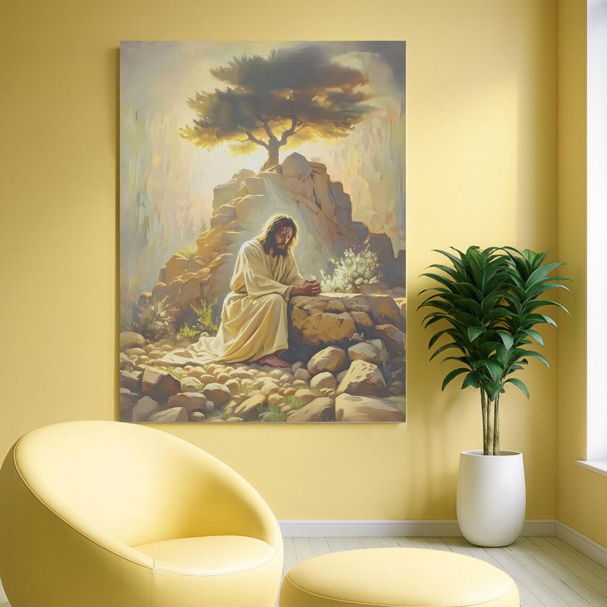 Jesus Praying in Gethsemane Canvas Wall Art, Biblical Garden Scene, Christian Religious Decor