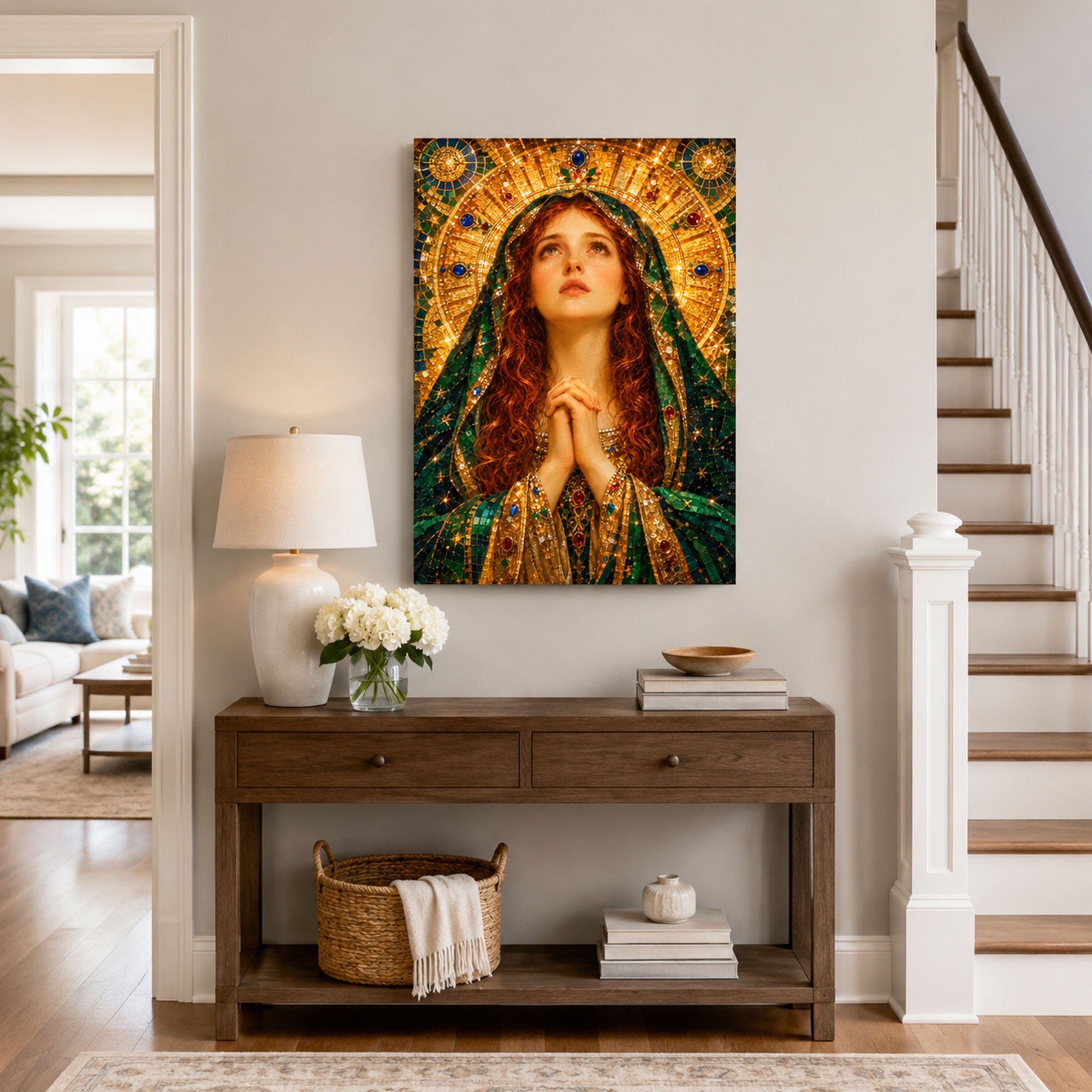 Saint Mary Magdalene Radiant Prayer Canvas Print, Emerald and Gold Sacred Decor