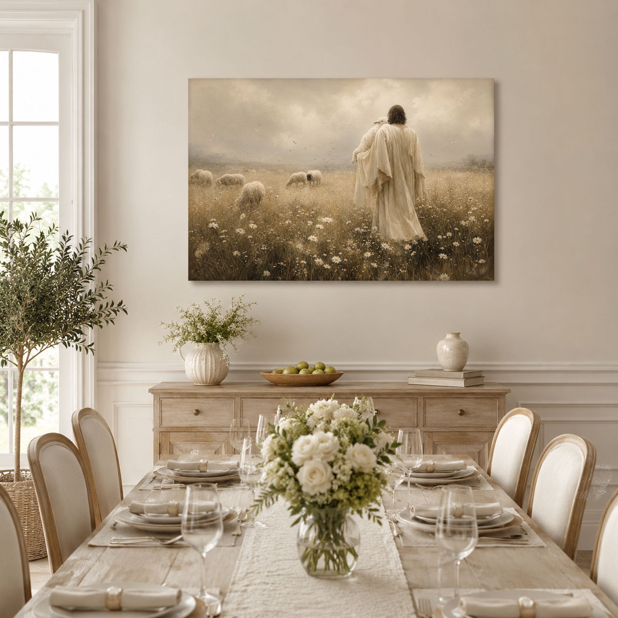 Jesus the Good Shepherd Canvas Print, Lamb and Meadow Christian Wall Art, Peaceful Faith Home Decor Gift