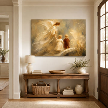 Guardian Angel Guiding Two Children Canvas Print, Golden Christian Family Decor
