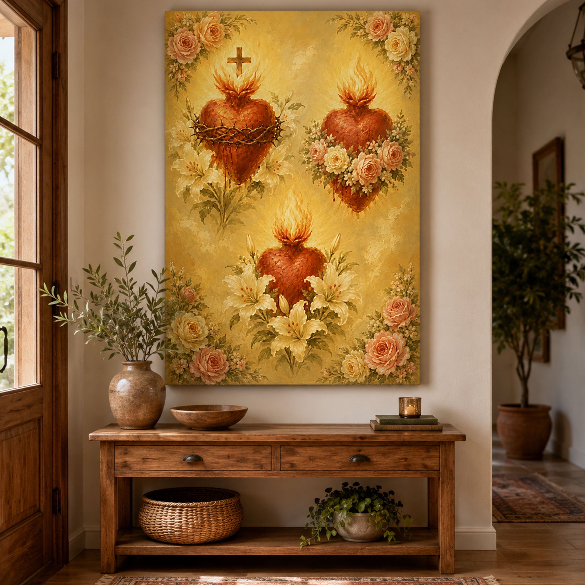 Sacred Heart of Jesus Canvas Print Catholic Floral Wall Art Lily Rose Christian Faith Home Decor