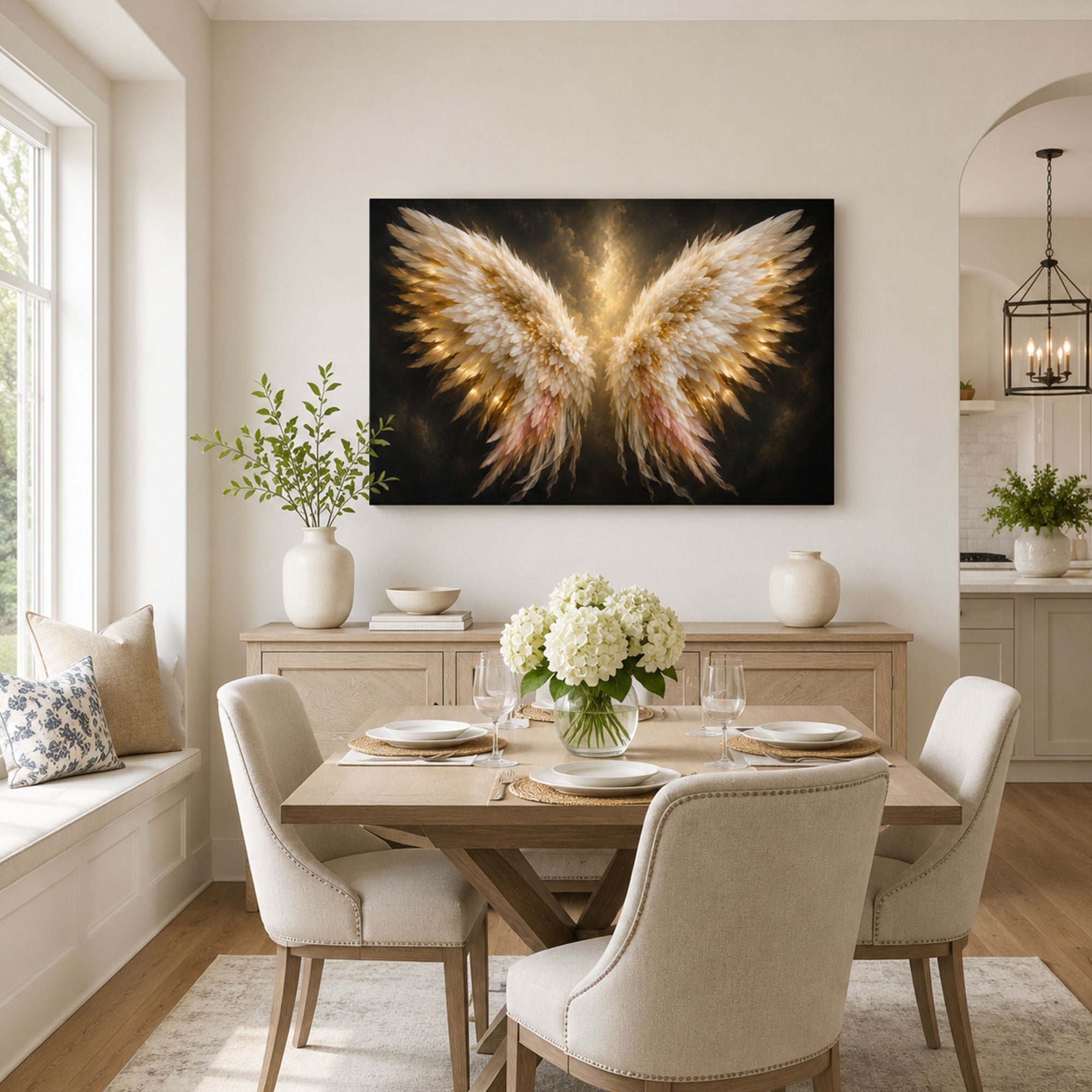 Luminous Angel Wings Canvas Print, White and Gold Christian Wall Art, Heavenly Faith Home Decor Gift