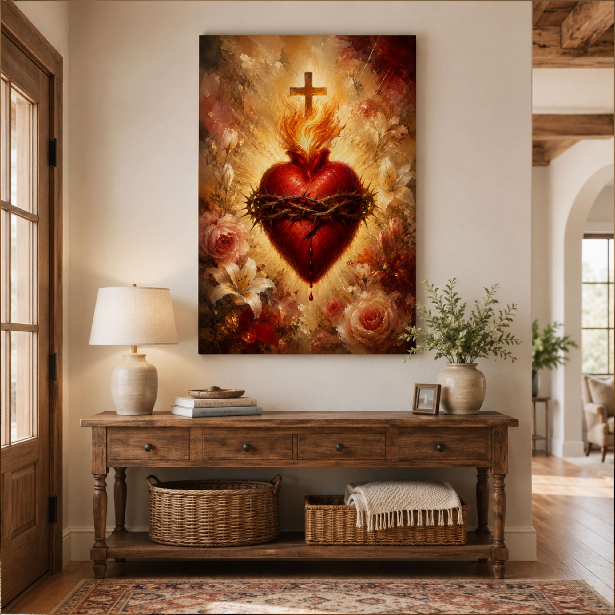 Sacred Heart of Jesus Canvas Print, Flaming Heart with Crown of Thorns Catholic Wall Art, Christian Religious Home Decor Gift