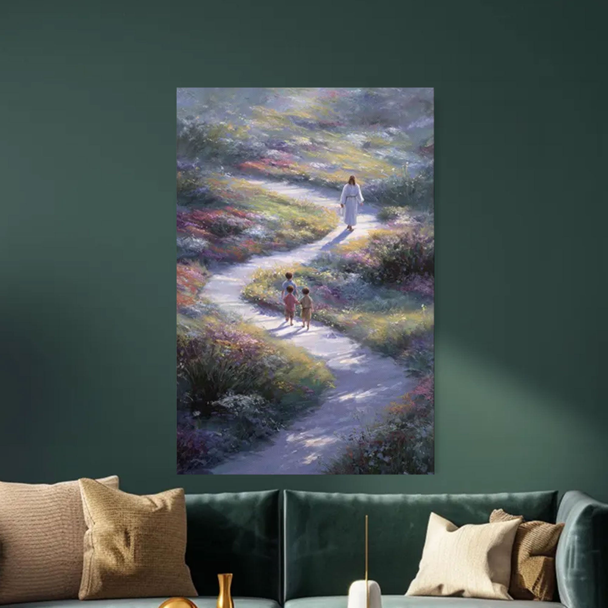 Path Of Peace Framed Canvas Print, Christian Wall Art, Jesus Painting Pastoral Faith Home Decor