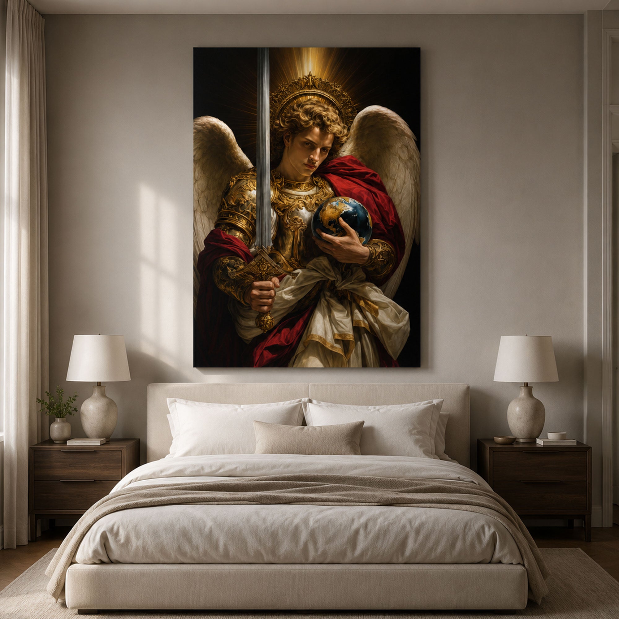 Saint Michael with Globe and Sword Canvas Print, Catholic Archangel Wall Art, Faith Home Decor Gift