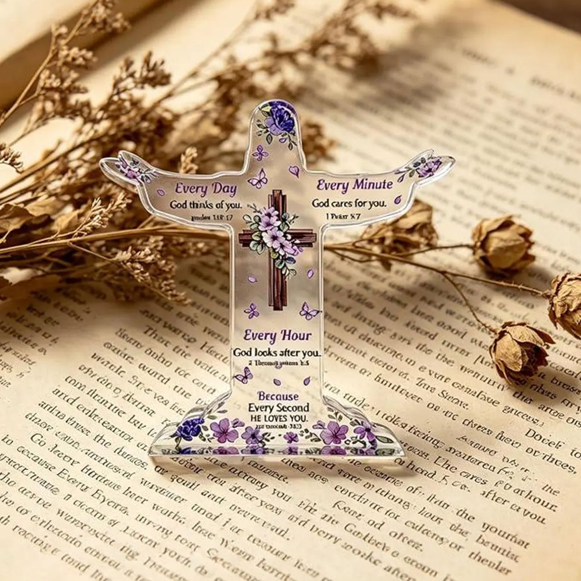 Christian Bible Verse Cross Acrylic Desk Plaque, Brave Fearless Strong Loved Chosen Faith Affirmation Gift