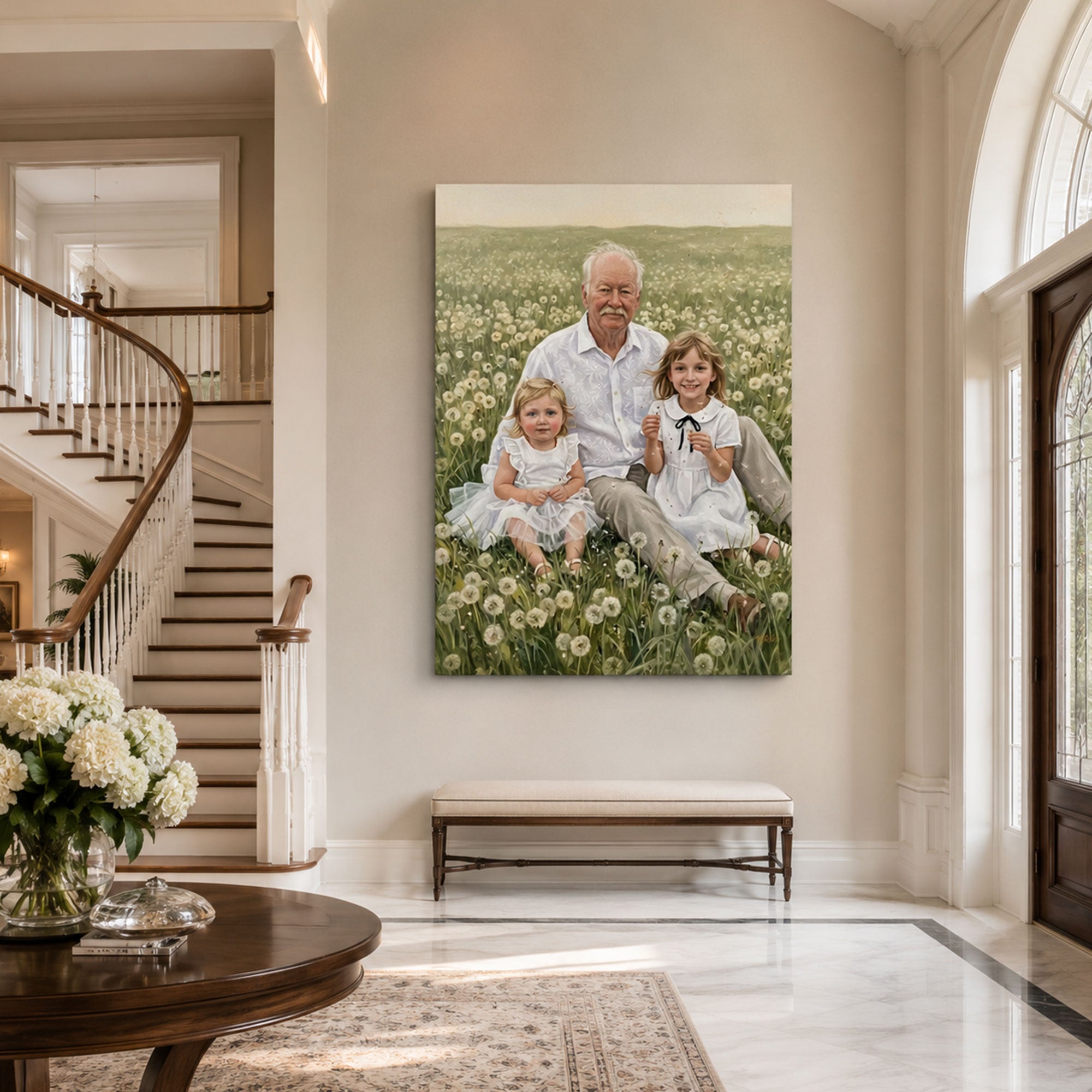 Personalized Fields Of Fluff Grandpa And Grandchildren Canvas Print, Custom Cozy Family Portrait Wall Art, Father’s Day Gift For Grandpa