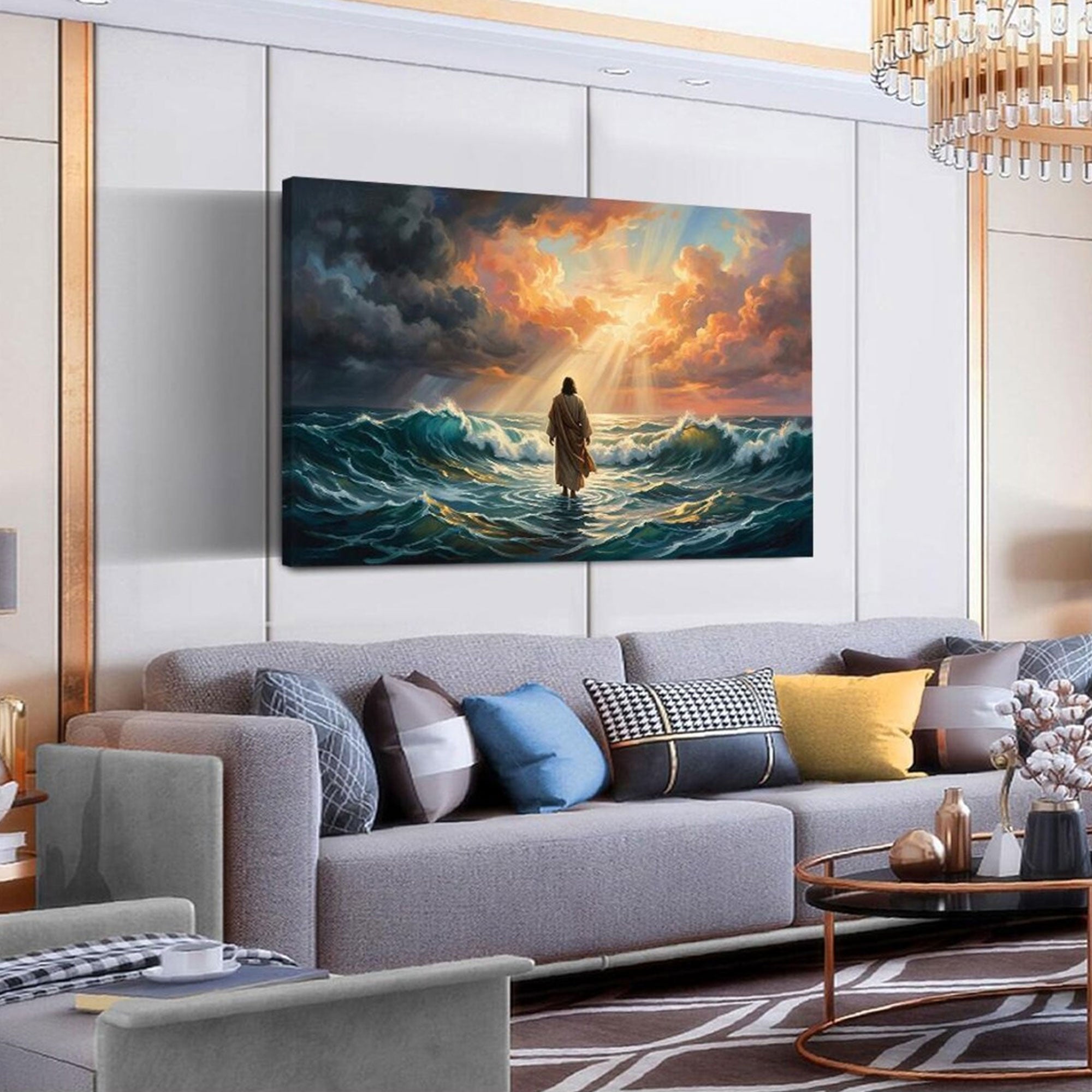 Jesus Walking on Water Canvas Wall Art, Christian Faith Ocean Miracle Decor, Inspirational Religious Artwork