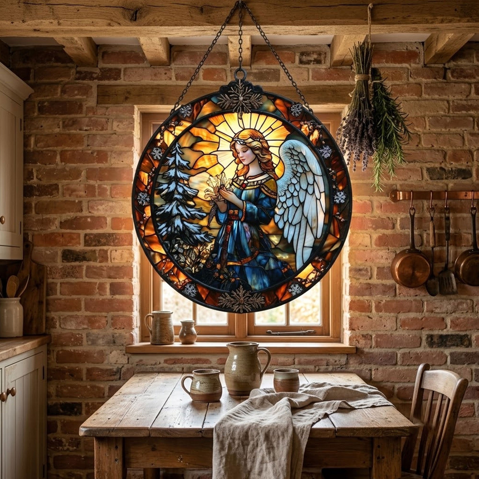 Winter Angel Suncatcher, Stained Glass Window Hanging, Catholic Christmas Decor Gift