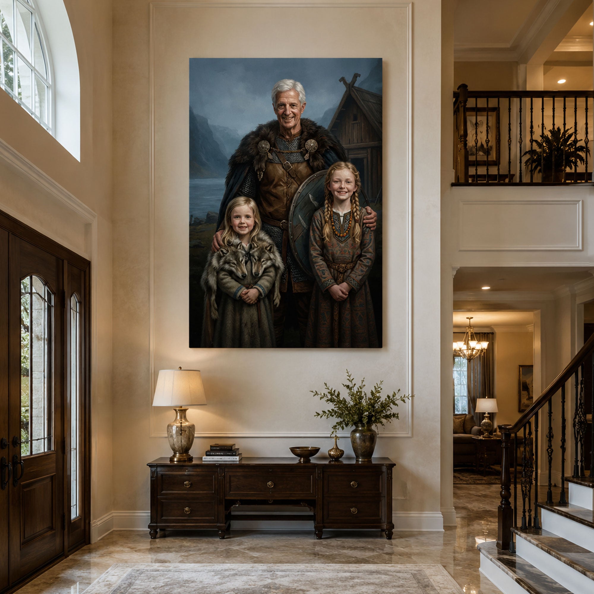 Personalized Viking Grandpa And Grandchildren Canvas Print, Custom Medieval Family Portrait Wall Art, Father’s Day Gift For Grandpa
