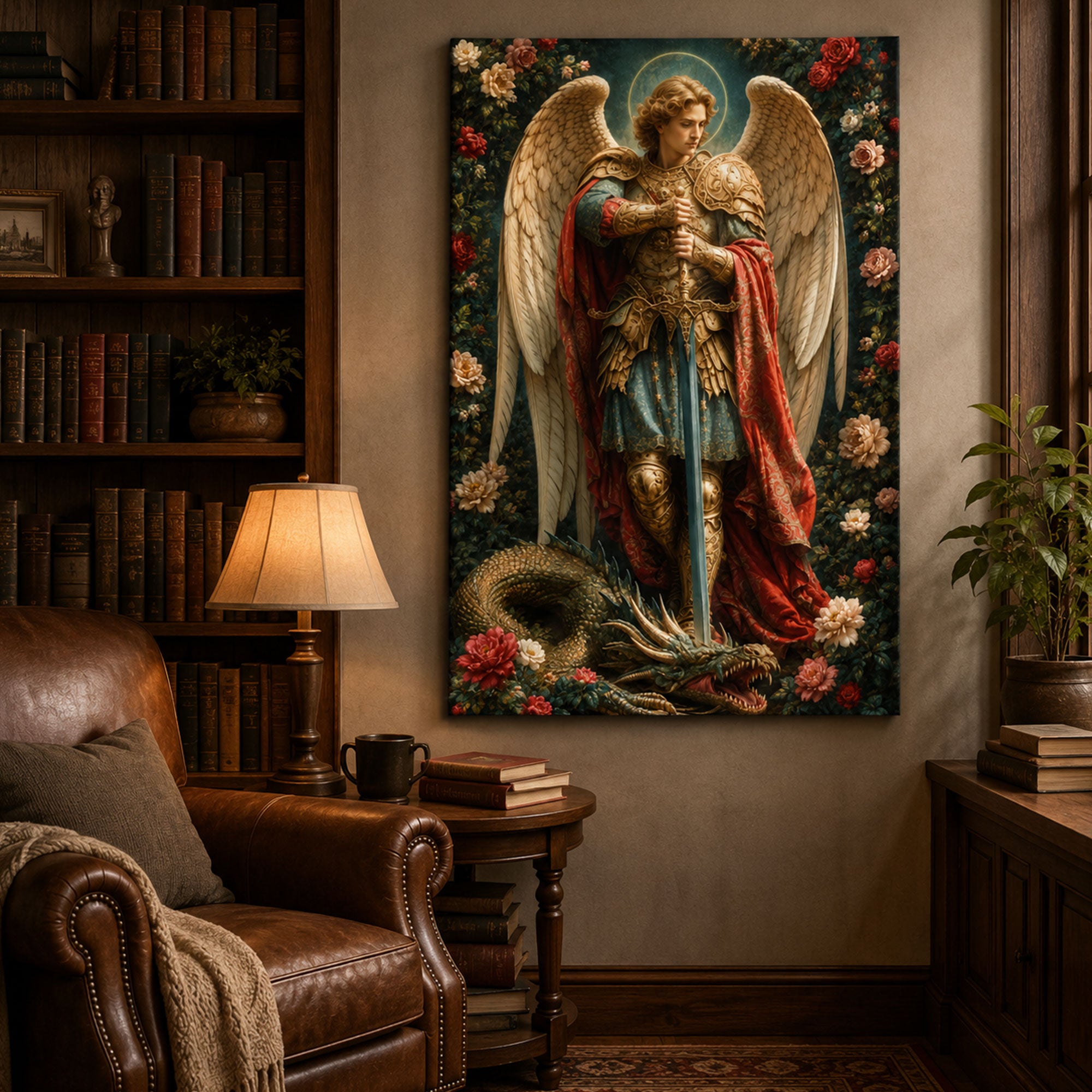 Saint Michael Archangel Canvas Print, Defeating Dragon Catholic Wall Art, Guardian Faith Home Decor