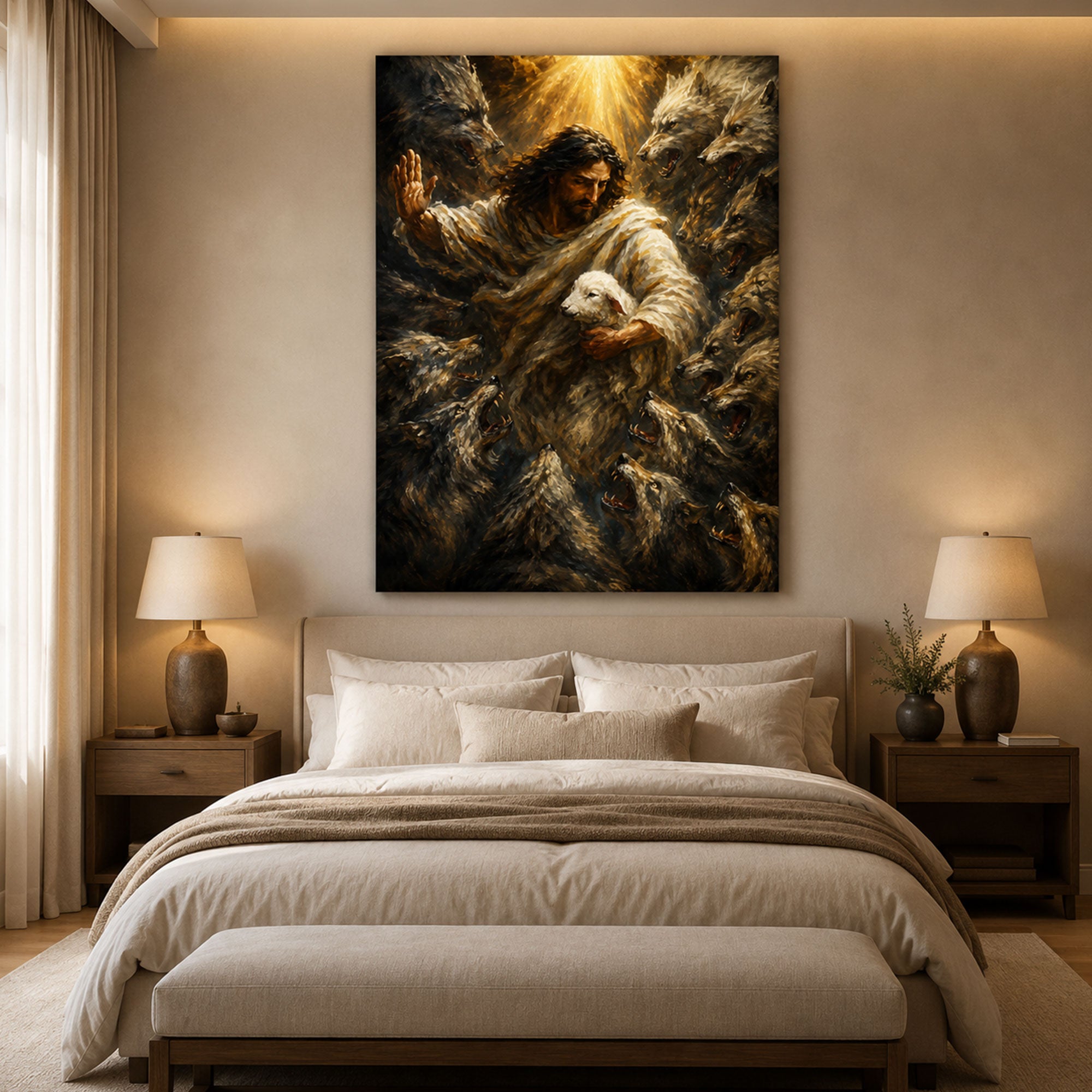 Jesus Protecting the Lamb Canvas Print, Good Shepherd Christian Wall Art, Faith Home Decor Gift