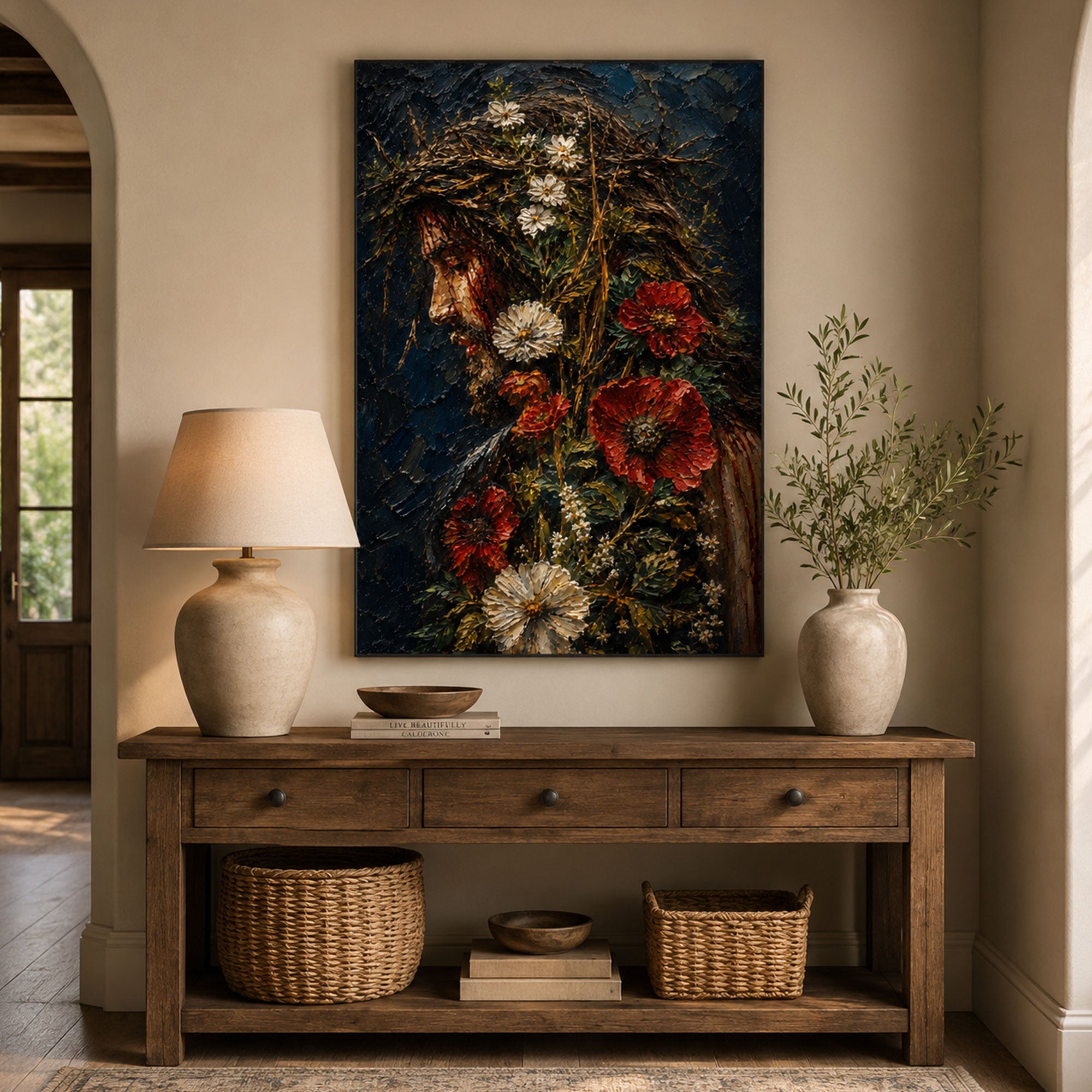 Jesus Crown of Thorns Floral Canvas Print, Dark Christian Wall Art, Faith Home Decor Gift