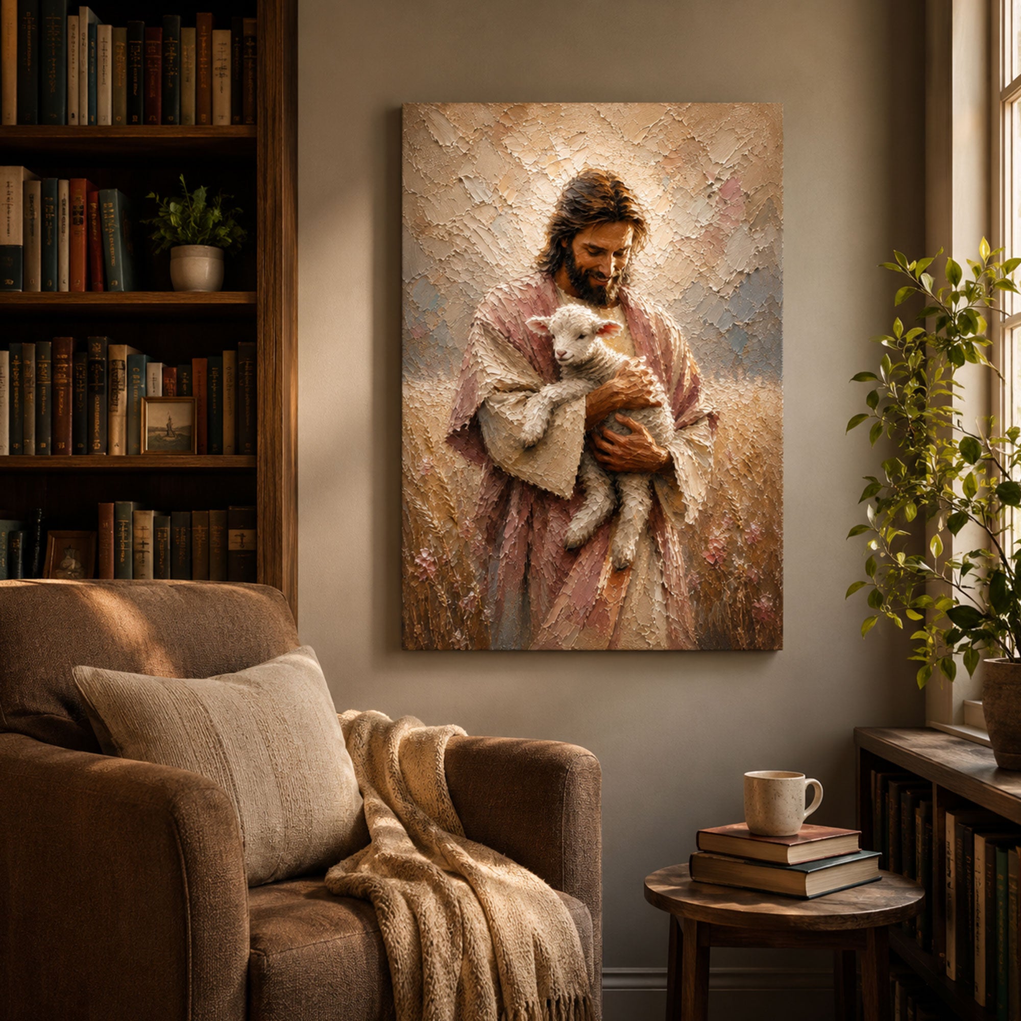 Jesus Holding Lamb Canvas Print, Good Shepherd Christian Wall Art, Peaceful Faith Home Decor