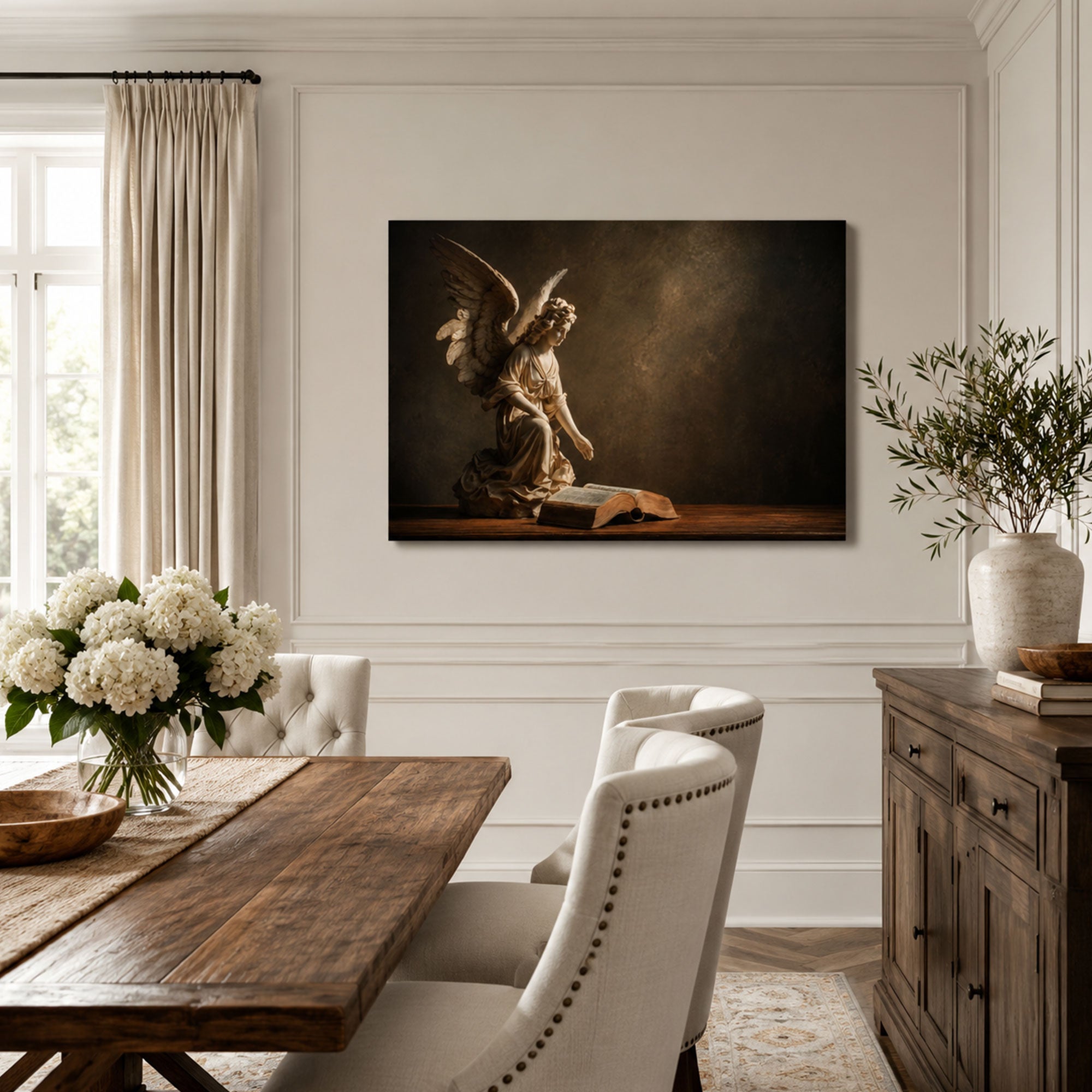 Praying Angel with Open Bible Canvas Print, Christian Faith Wall Art, Heavenly Home Decor Gift
