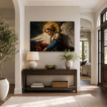 Saint Michael in Silent Vigil Canvas Print, Blue and Gold Catholic Decor