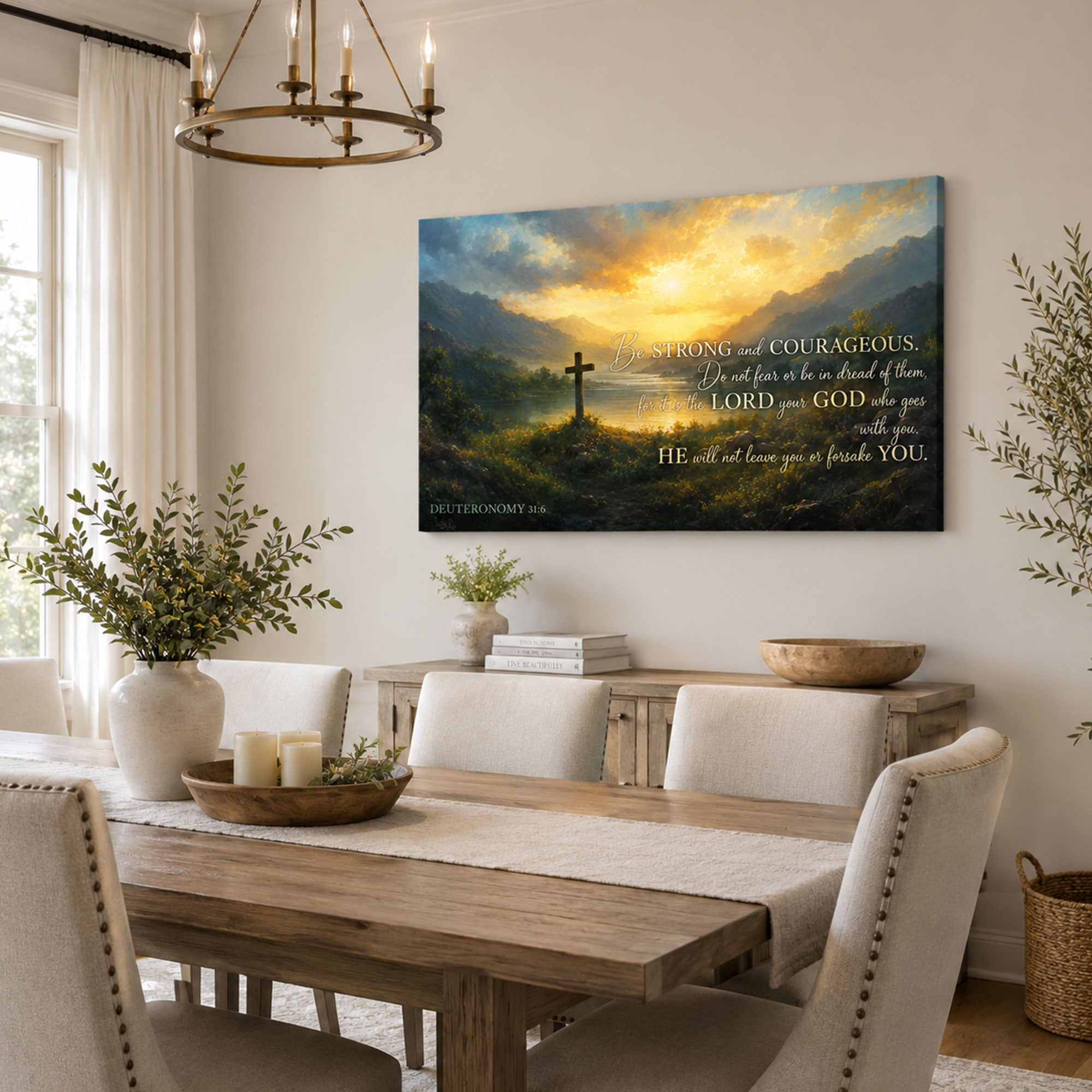 Be Strong and Courageous Deuteronomy 31:6 Canvas Print, Cross Sunrise Scripture Decor