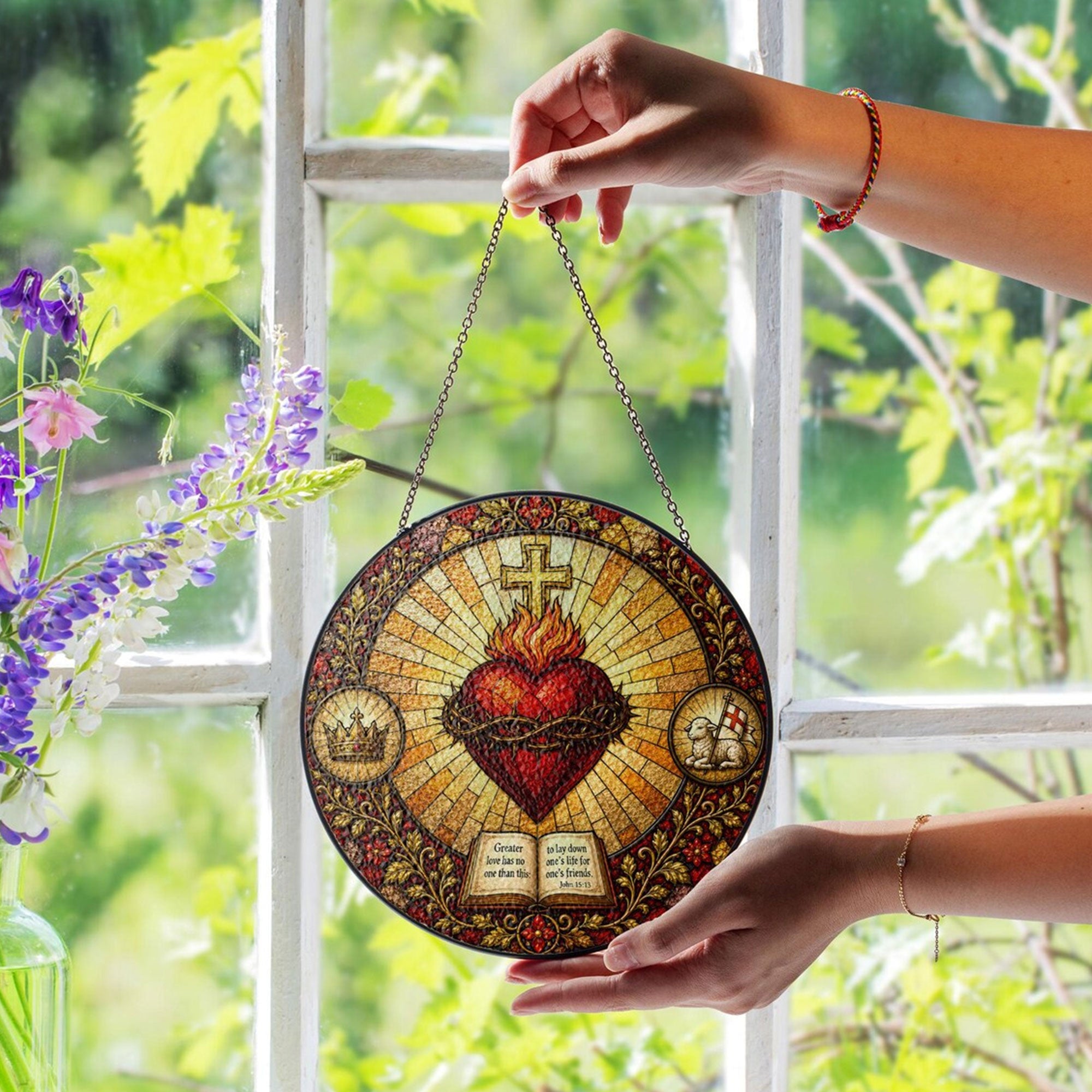 Sacred Heart Bible Verse Suncatcher, Crown of Thorns Catholic Home Decor