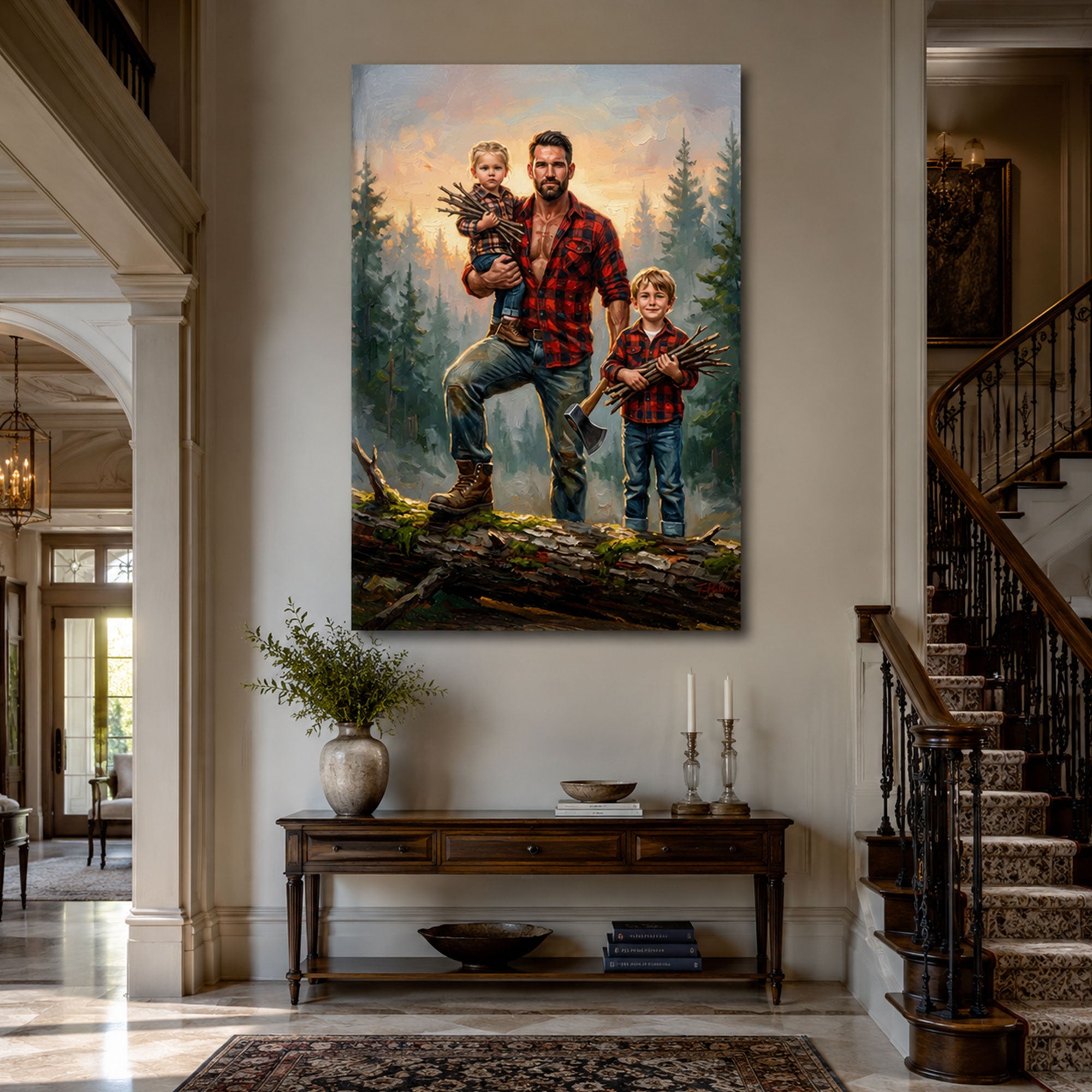 Custom Face Lumberjack Dad Canvas Print, Personalized Father and Kids Portrait, Father’s Day Gift