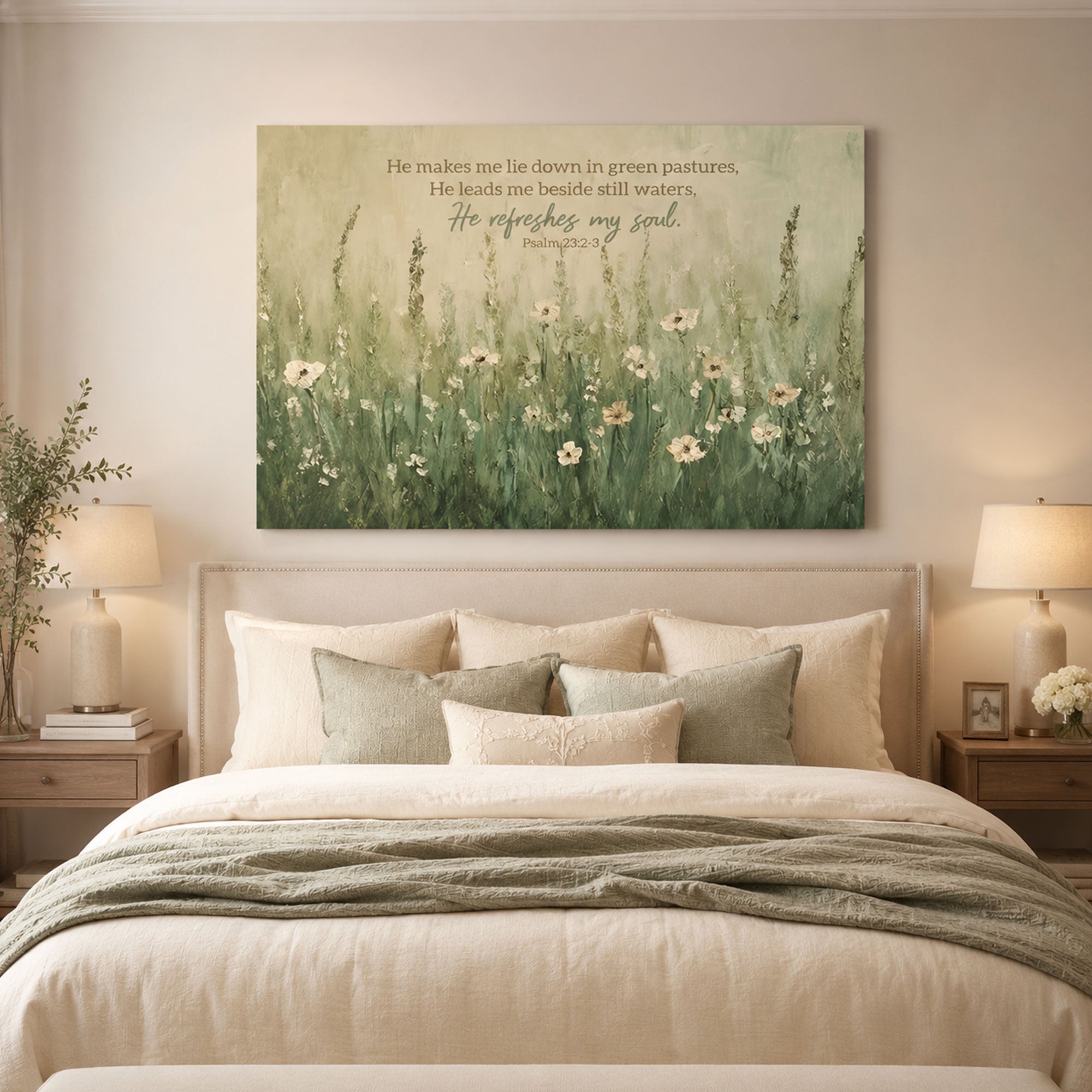 Psalm 23:2-3 Bible Verse Canvas Print, He Makes Me Lie Down in Green Pastures Christian Wall Art, Peaceful Landscape Nature Decor