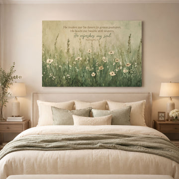 Psalm 23:2-3 Bible Verse Canvas Print, He Makes Me Lie Down in Green Pastures Christian Wall Art, Peaceful Landscape Nature Decor