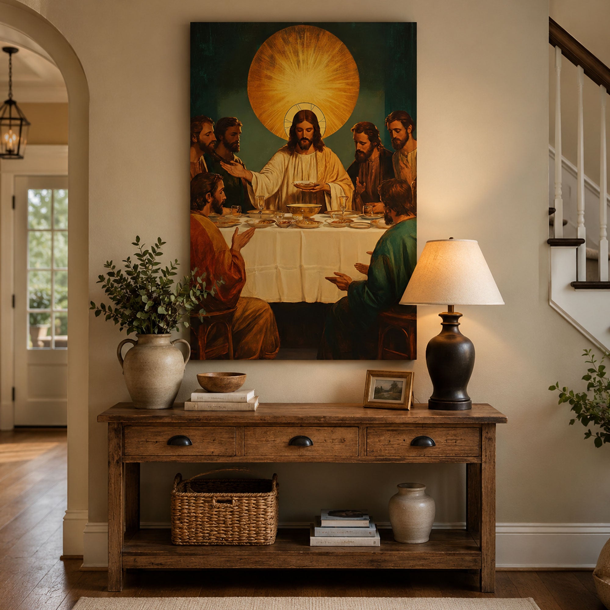 Institution of the Eucharist Last Supper Canvas Print, Glowing Art Deco Christian Wall Art, Large Faith Home Decor