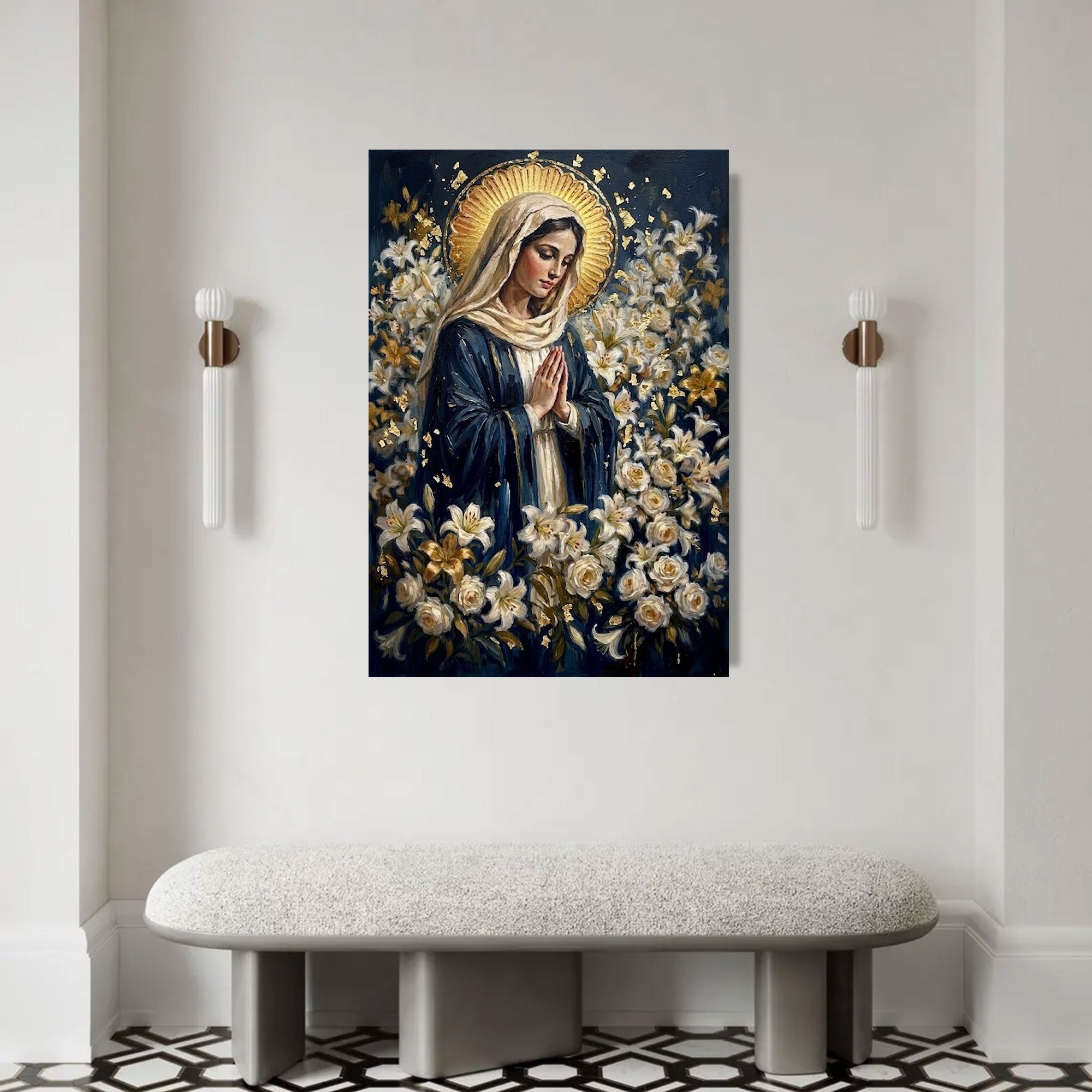 Madonna in Silent Prayer Canvas Print, Sacred Lily Garden Artwork, A Devotional Expression of Grace and Purity