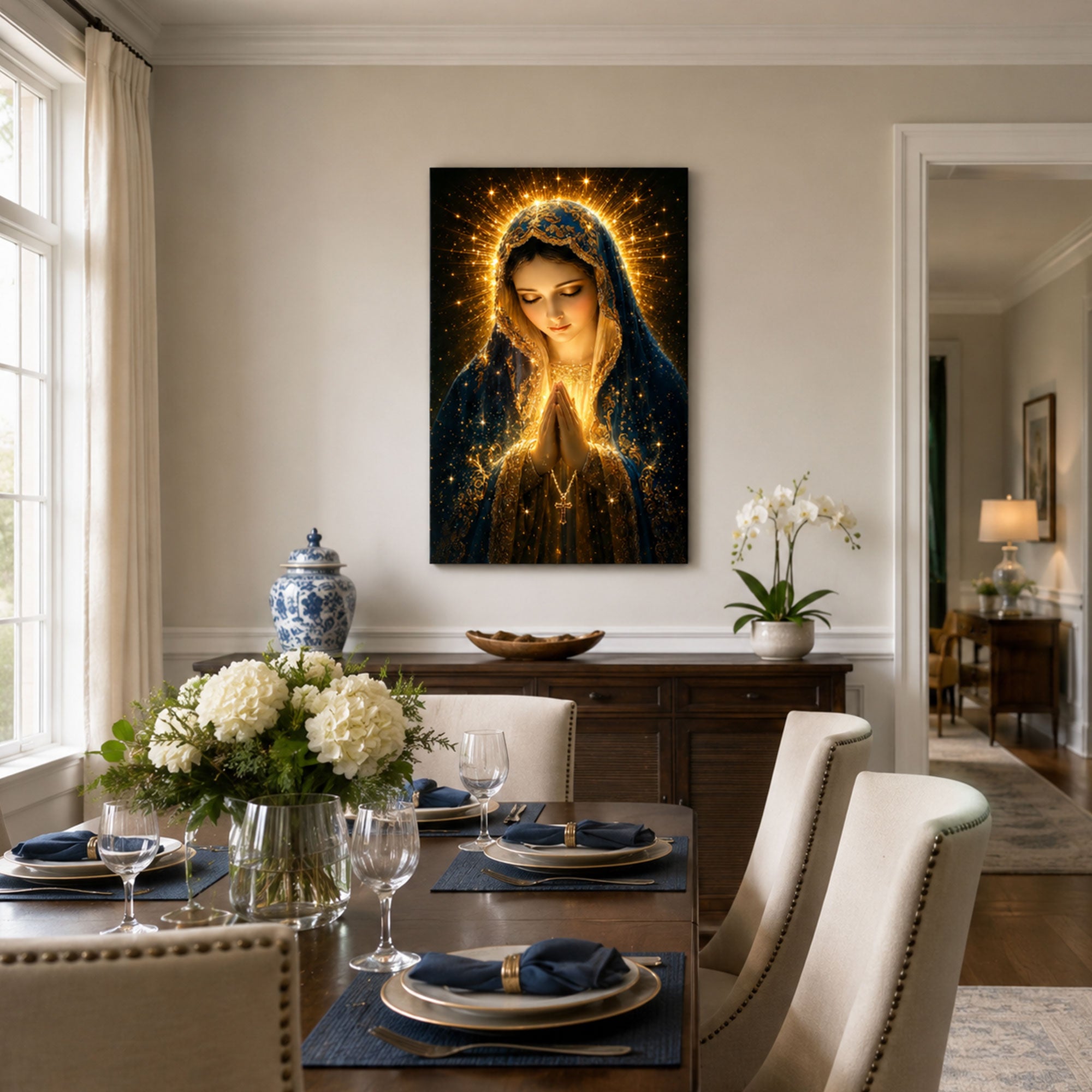 Blessed Virgin Mary Praying Canvas Print, Blue and Gold Catholic Marian Wall Art, Faith Home Decor Gift