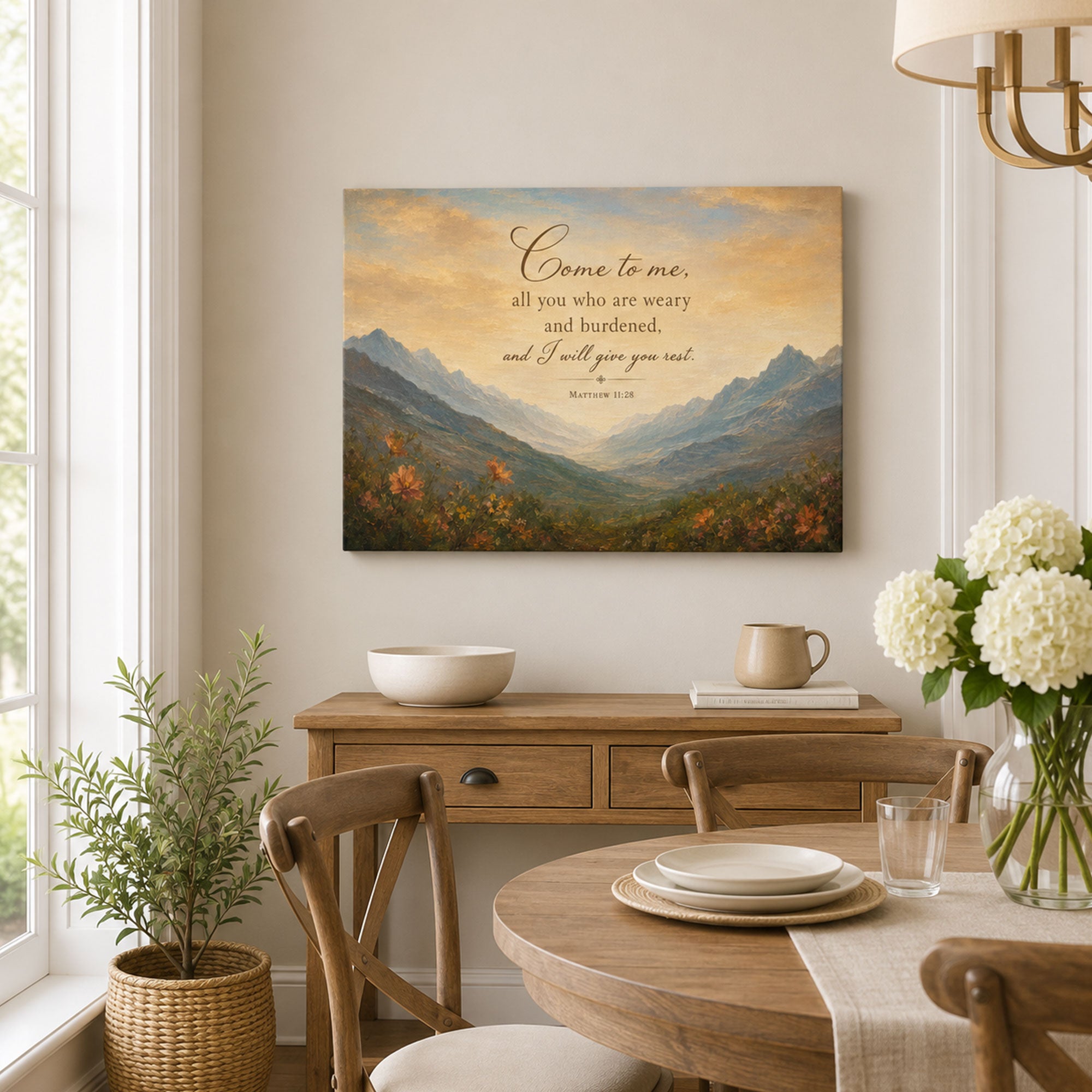Matthew 11:28 Canvas Print, Come to Me All Who Are Weary Christian Scripture Wall Art, Mountain Faith Home Decor Gift