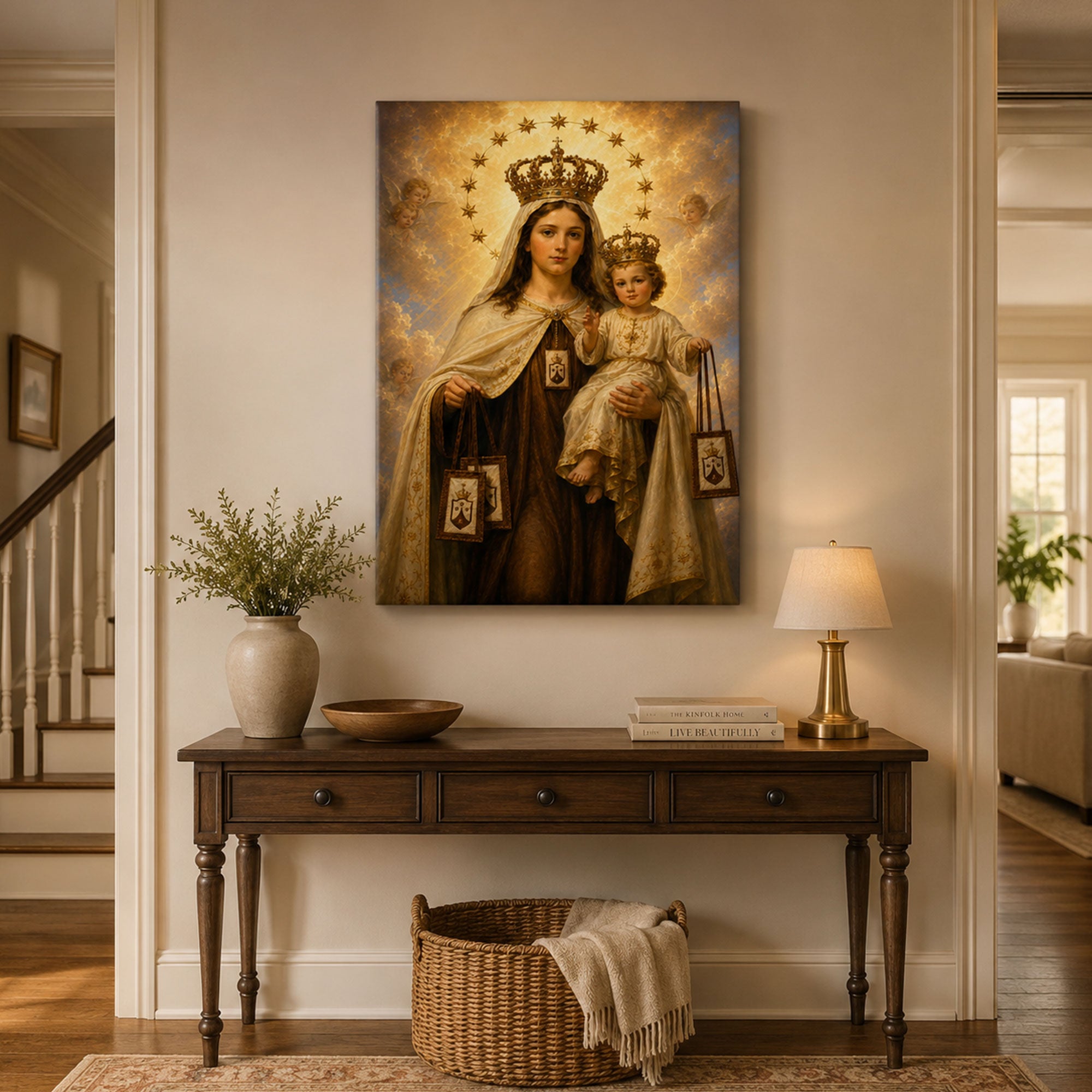 Our Lady of Mount Carmel Canvas Print, Virgin Mary with Child Jesus Catholic Wall Art, Faith Home Decor Gift