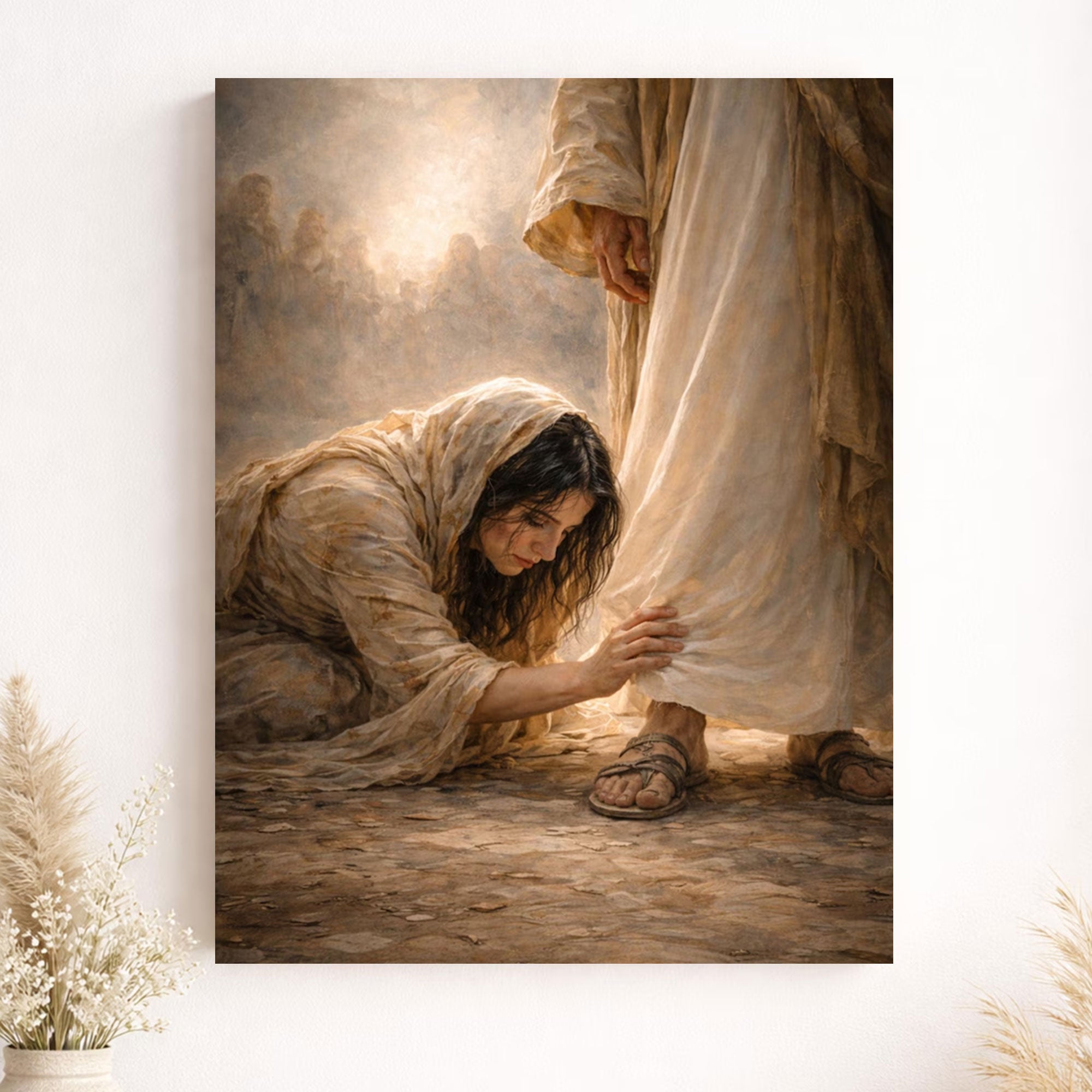 Woman Healed by Faith Canvas Print, Jesus Healing Woman Touching the Hem Wall Art, Christian Decor