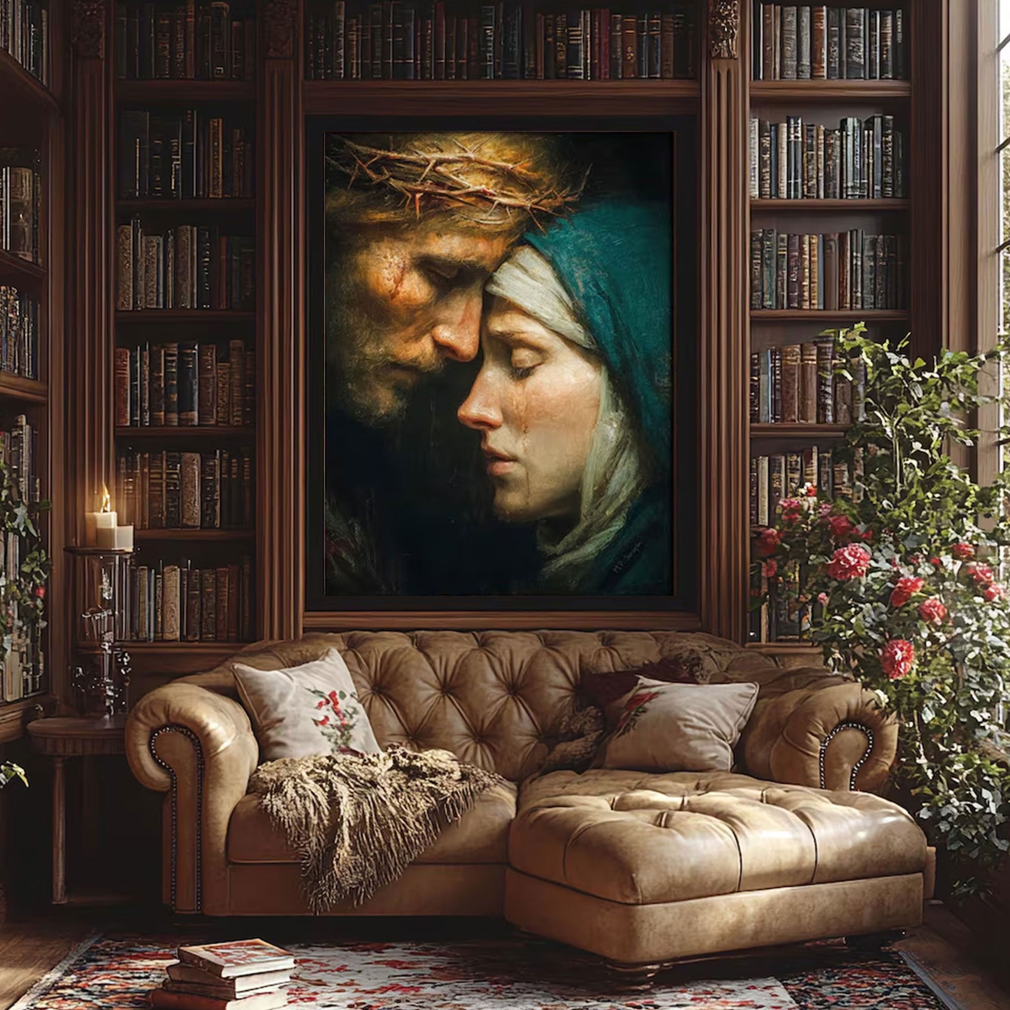 Jesus Mary Embrace Canvas Print, Goodbye Mother Artwork, Catholic Comfort Gift