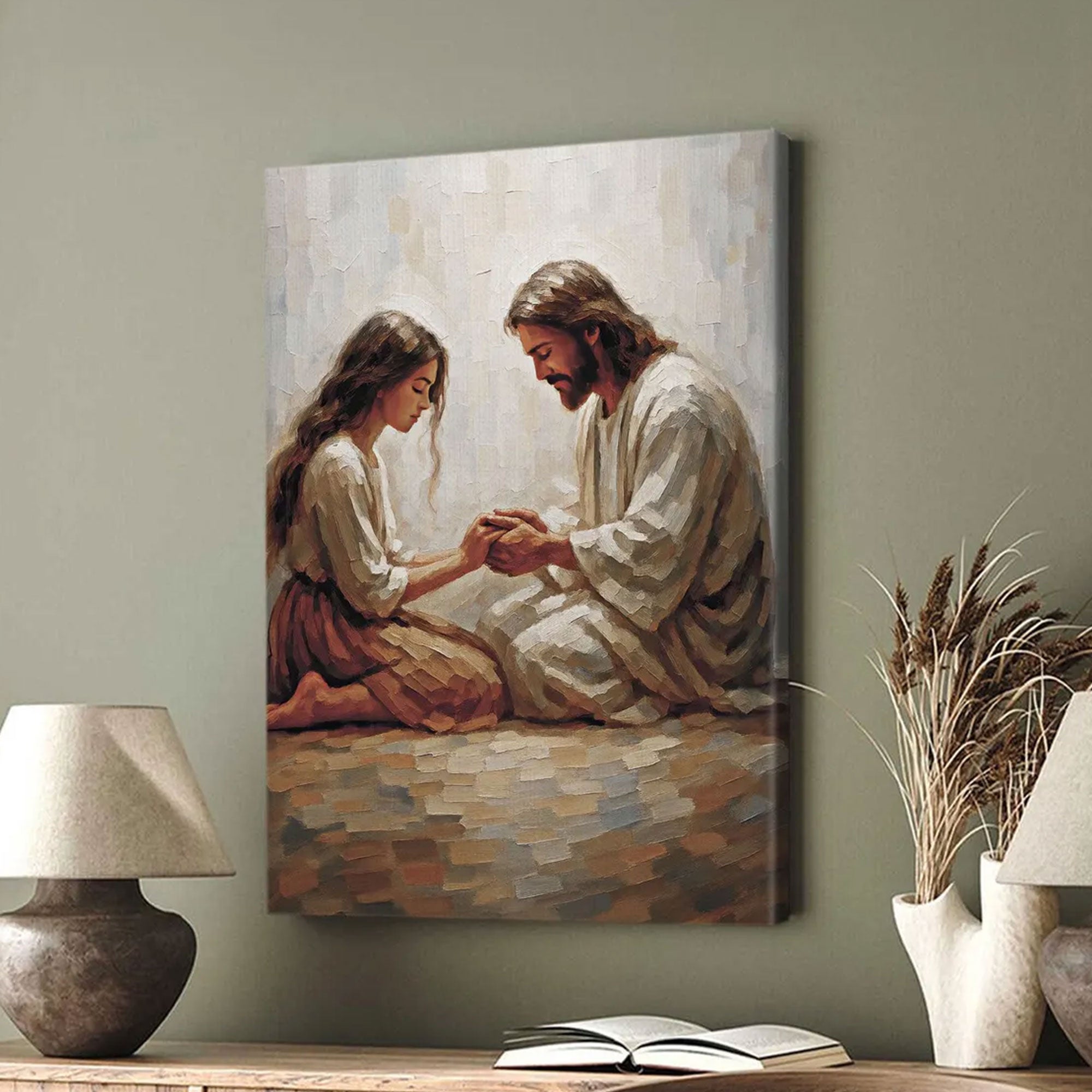 Jesus and Woman Prayer Canvas, Christian Wall Art, Inspirational Faith Based Religious Decor