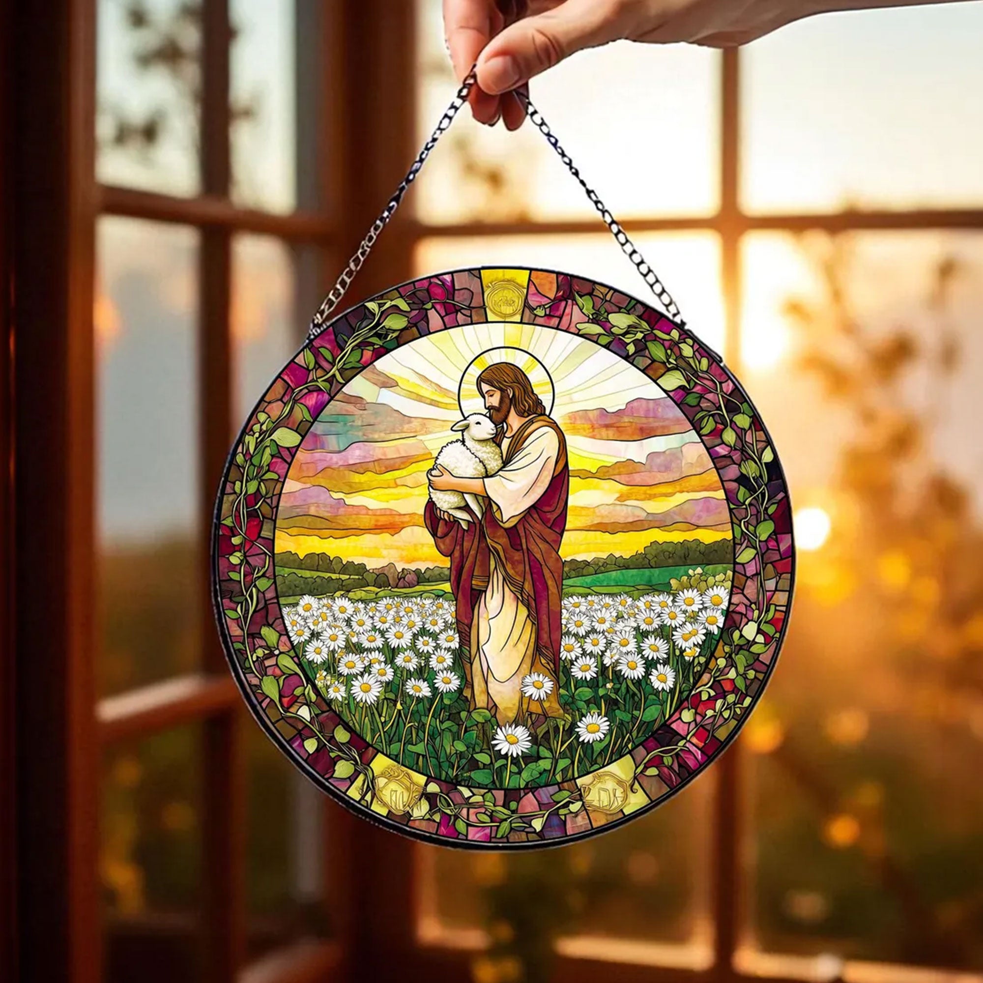 Stained Glass Jesus Holding Lamb Suncatcher, Golden Field Window Hanging, Christian Decor Gift